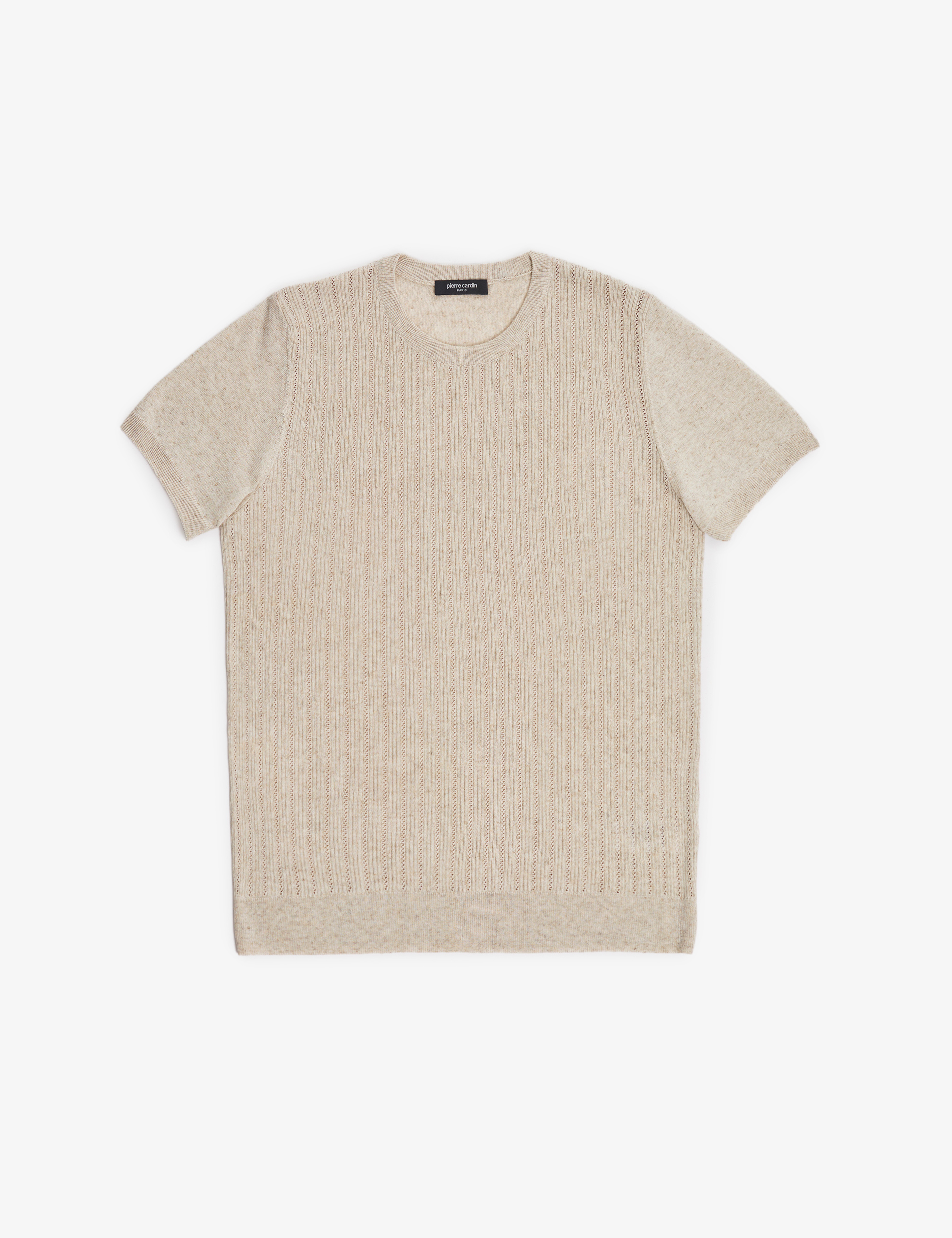 Bej Slim Fit Keten Karışımlı Bisiklet Yaka Triko Tişört