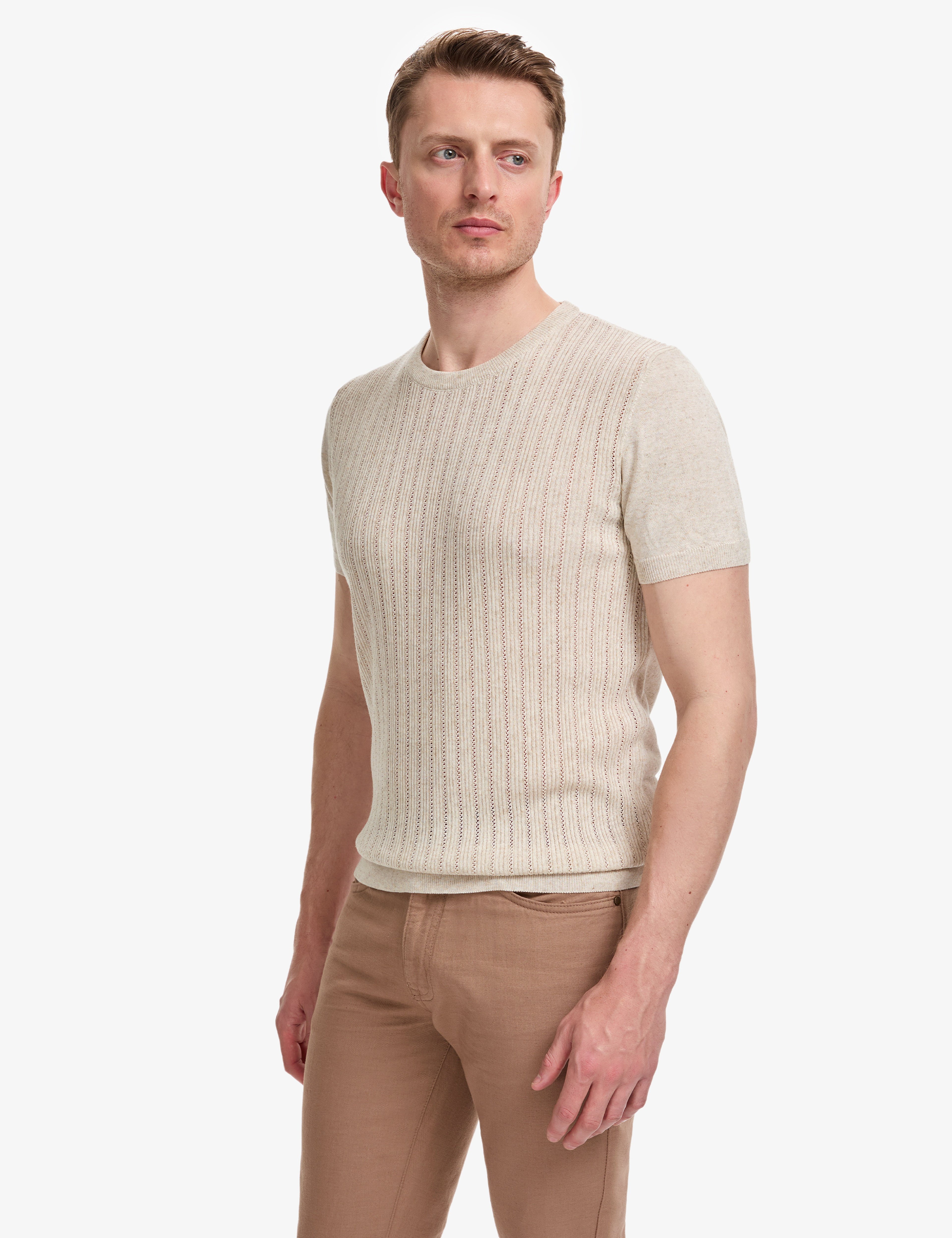 Bej Slim Fit Keten Karışımlı Bisiklet Yaka Triko Tişört