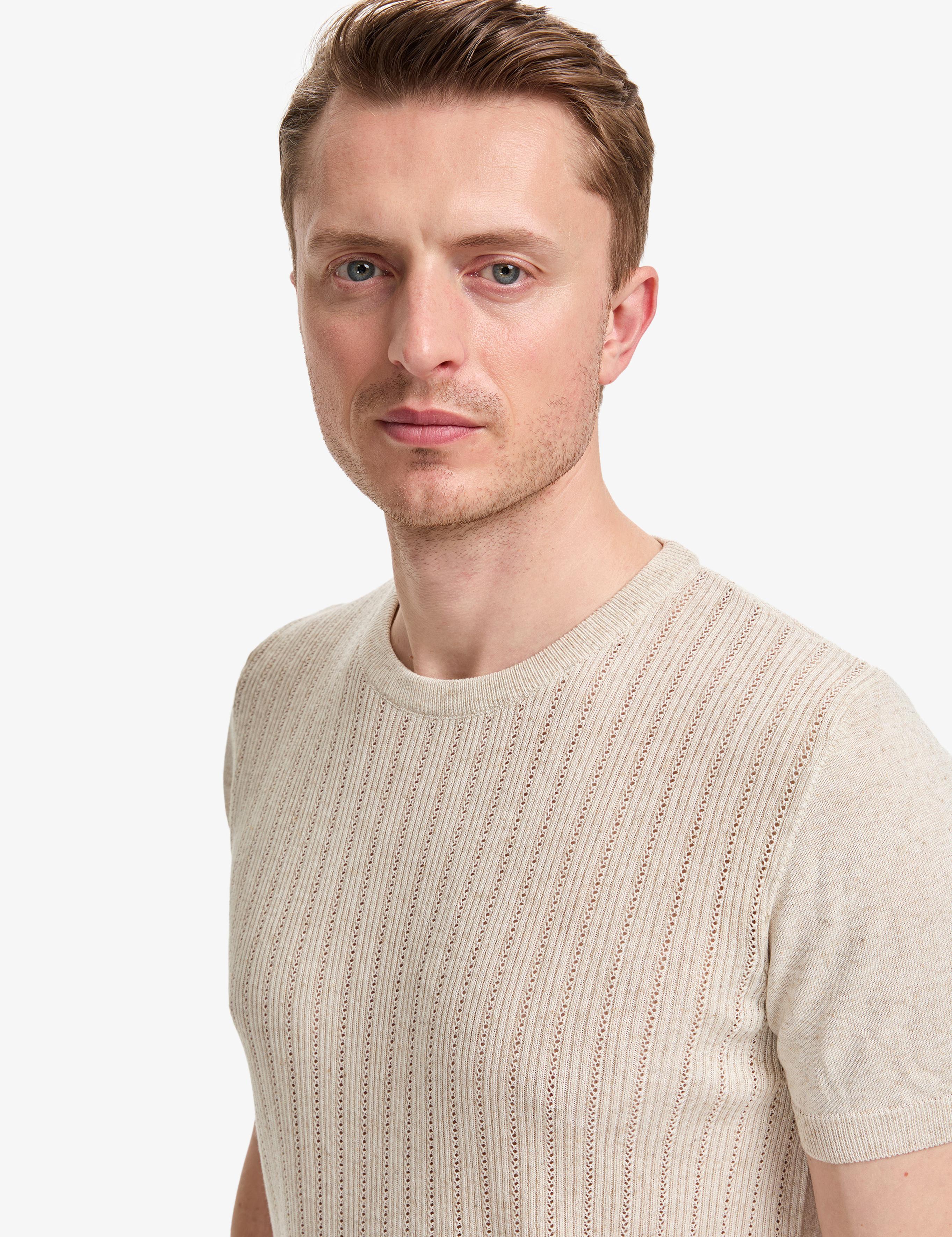 Bej Slim Fit Keten Karışımlı Bisiklet Yaka Triko Tişört