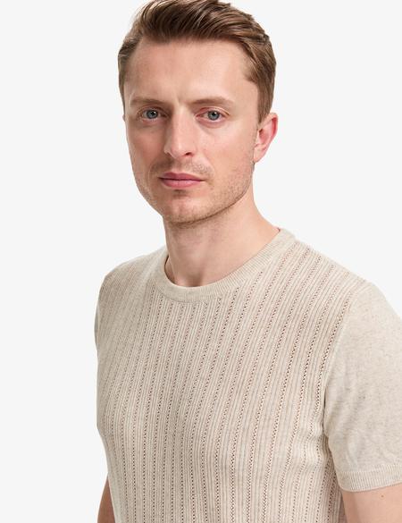 Bej Slim Fit Keten Karışımlı Bisiklet Yaka Triko Tişört - 50323949010