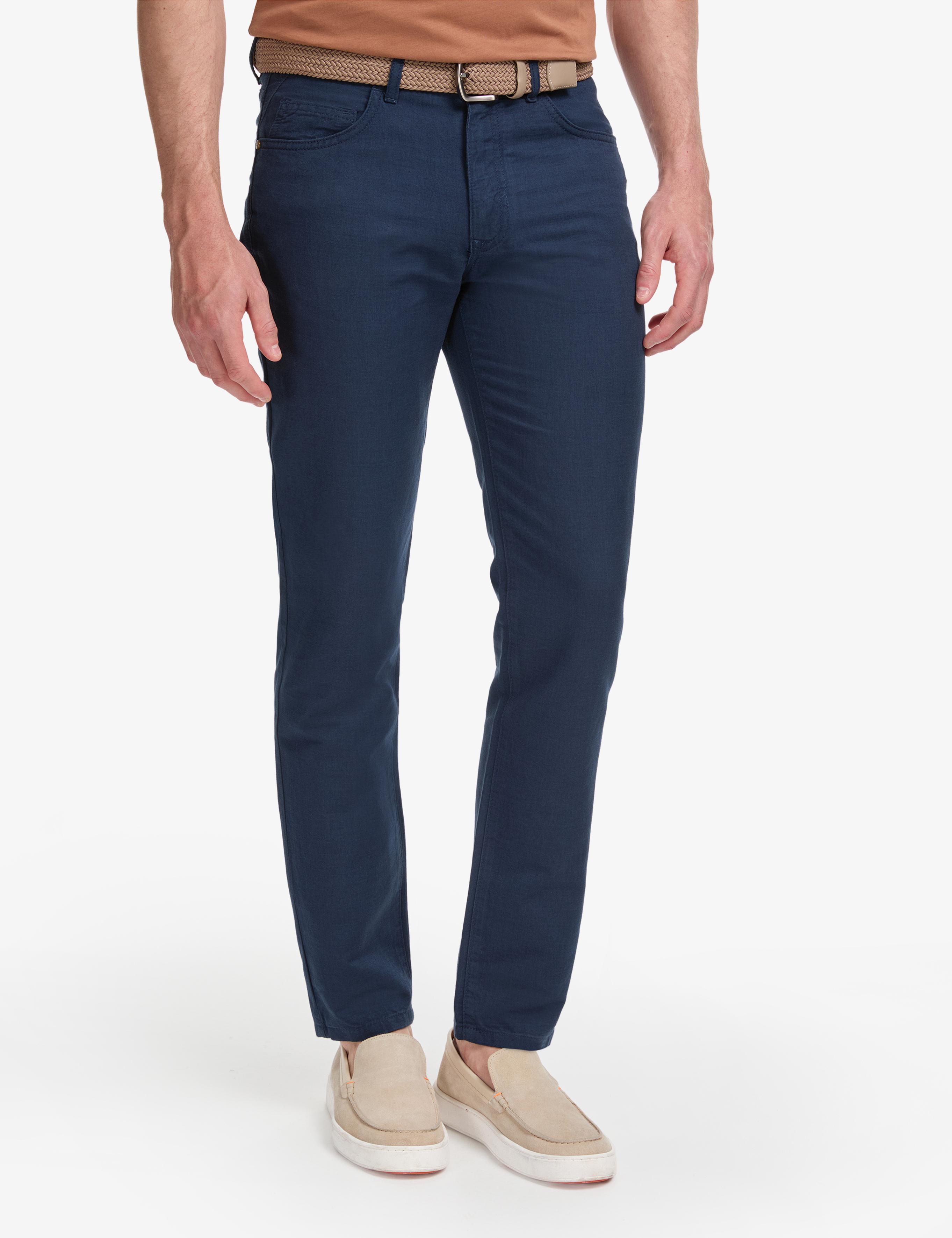 Lacivert Slim Fit Keten Karışımlı Kanvas Pantolon