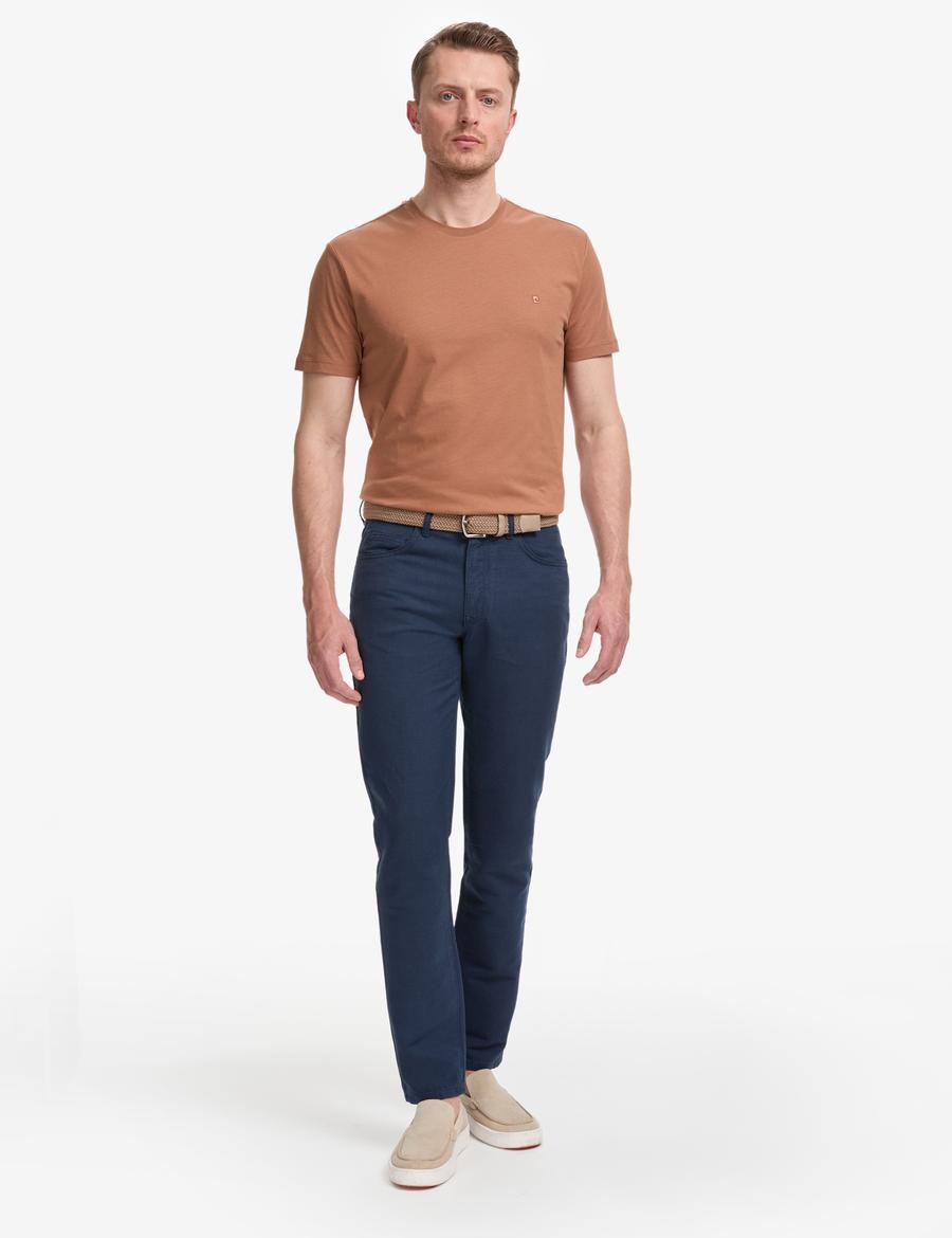 Lacivert Slim Fit Keten Karışımlı Kanvas Pantolon