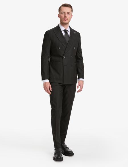 Siyah Ex. Slim Fit Çizgili Kruvaze Takım Elbise - 50319630077