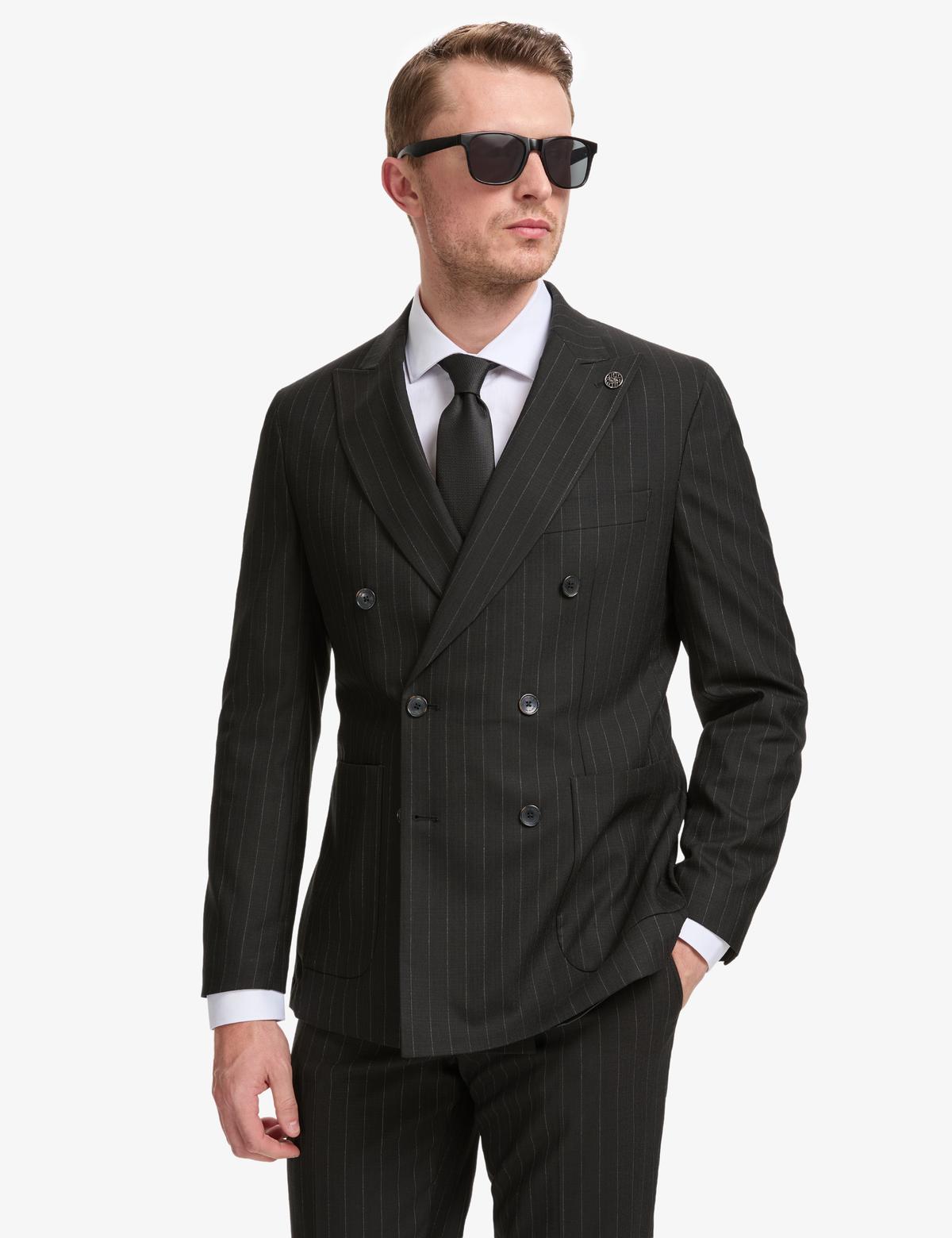 Siyah Ex. Slim Fit Çizgili Kruvaze Takım Elbise - 50319630077