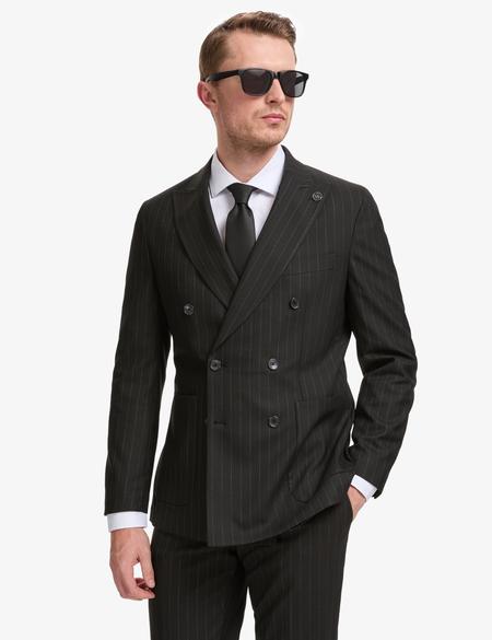 Siyah Ex. Slim Fit Çizgili Kruvaze Takım Elbise - 50319630077