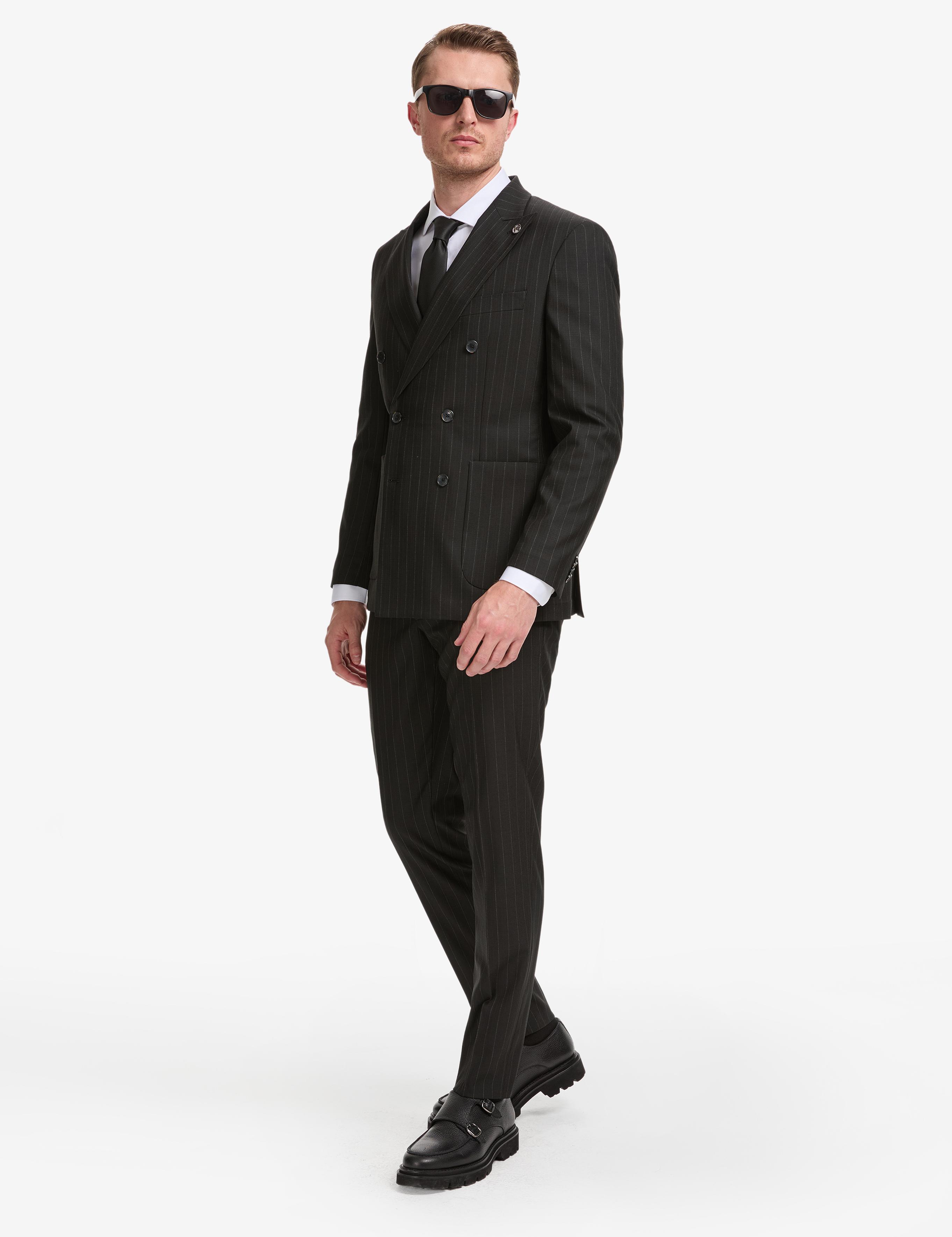 Siyah Ex. Slim Fit Çizgili Kruvaze Takım Elbise