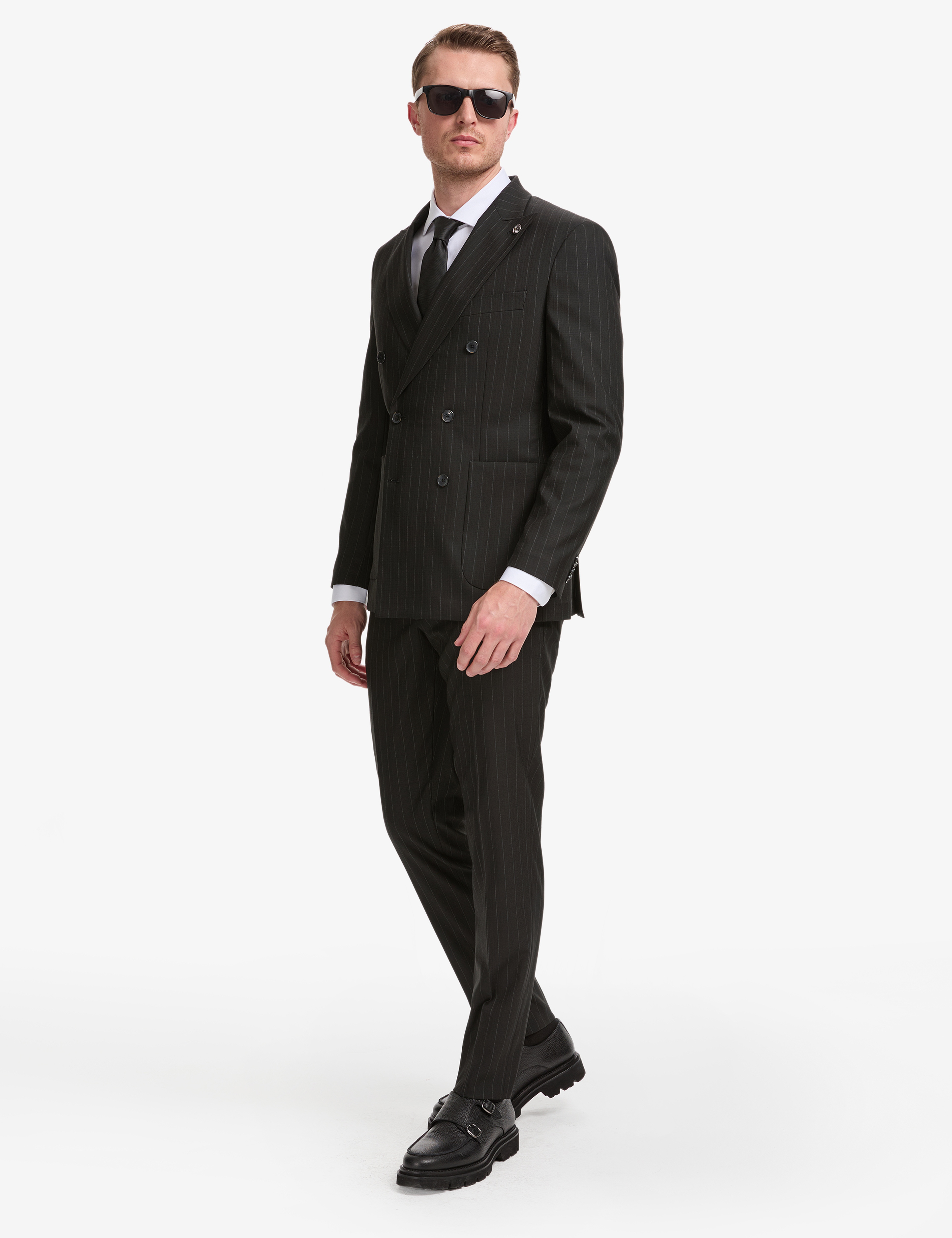 Siyah Extra Slim Fit Çizgili Kruvaze Takım Elbise