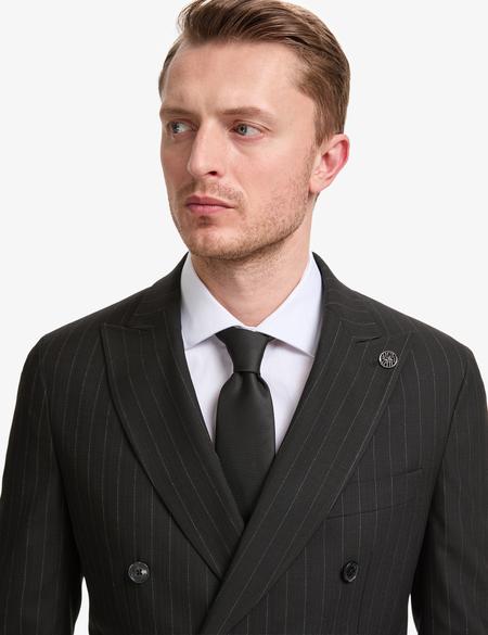 Siyah Ex. Slim Fit Çizgili Kruvaze Takım Elbise - 50319630077