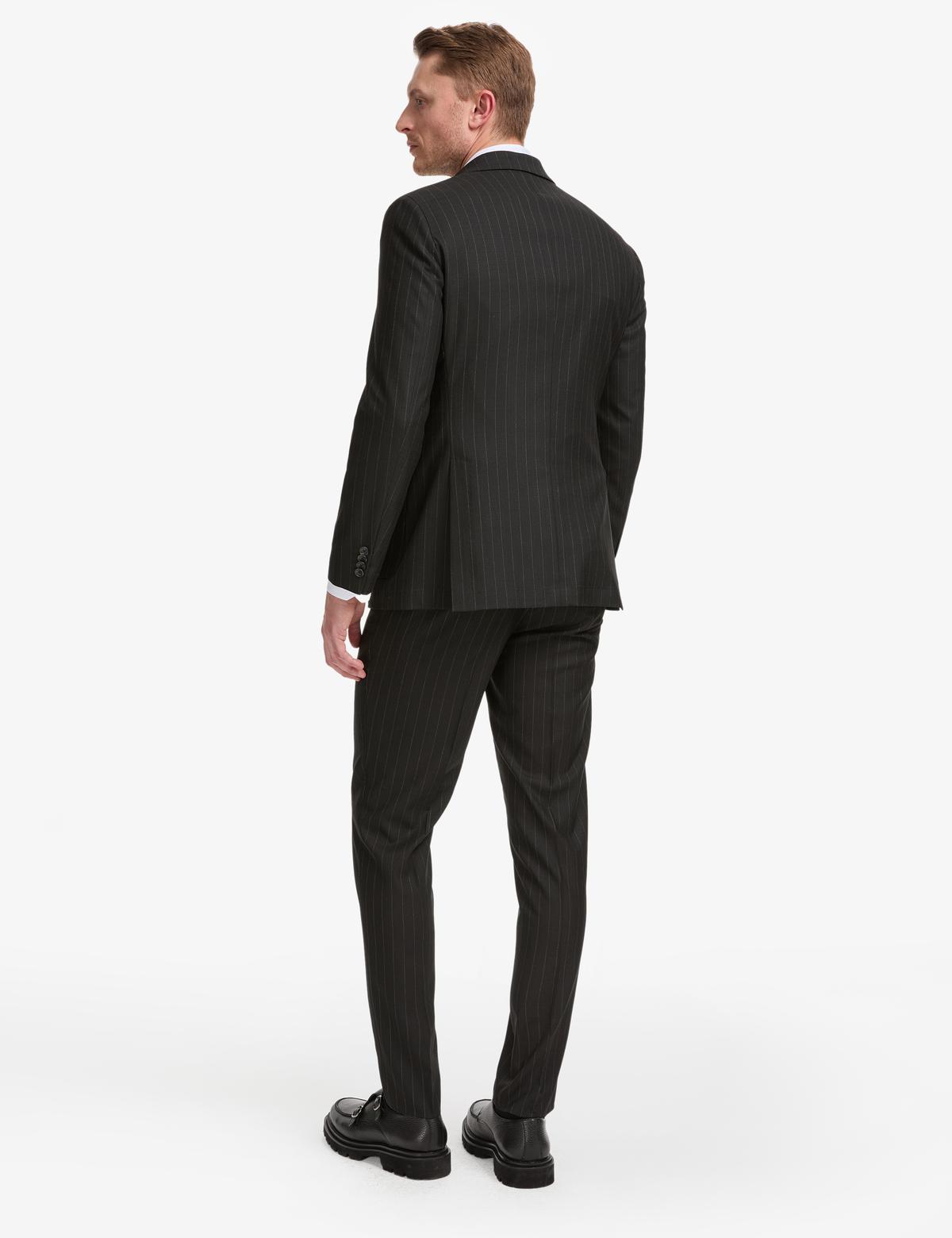 Siyah Ex. Slim Fit Çizgili Kruvaze Takım Elbise - 50319630077