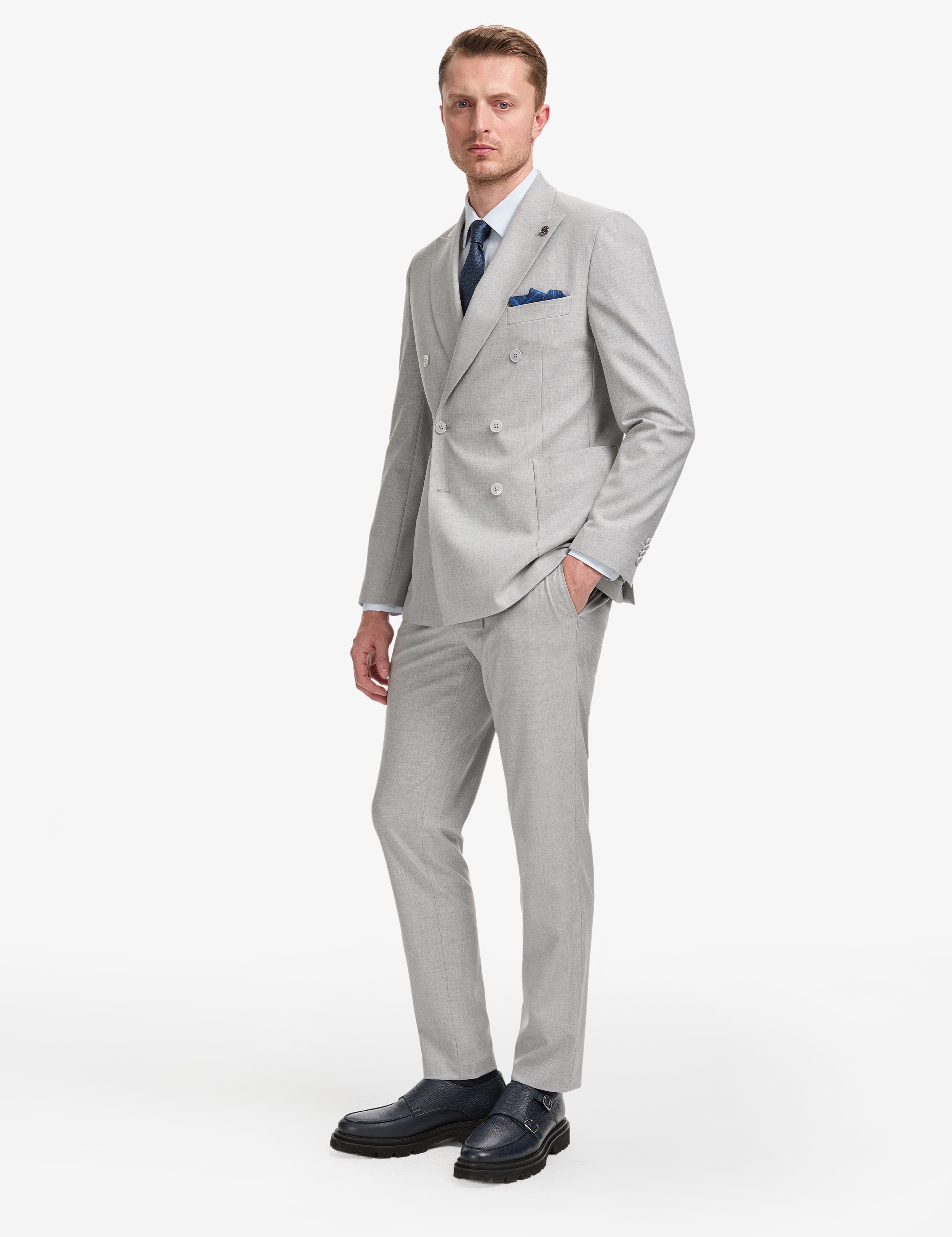 Gri Extra Slim Fit Kruvaze Takım Elbise - Image 4