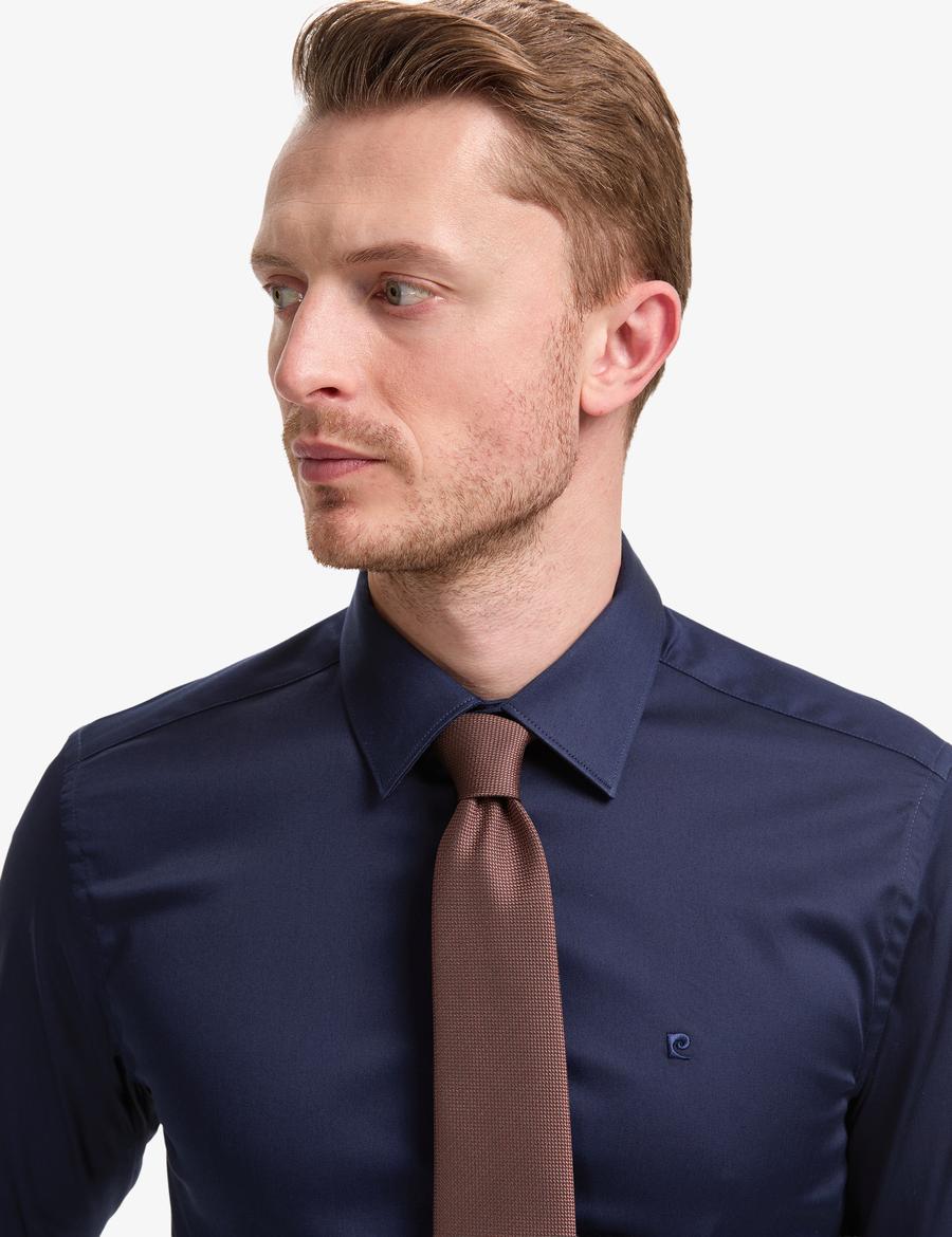 Lacivert Slim Fit Uzun Kollu Esnek Basic Gömlek