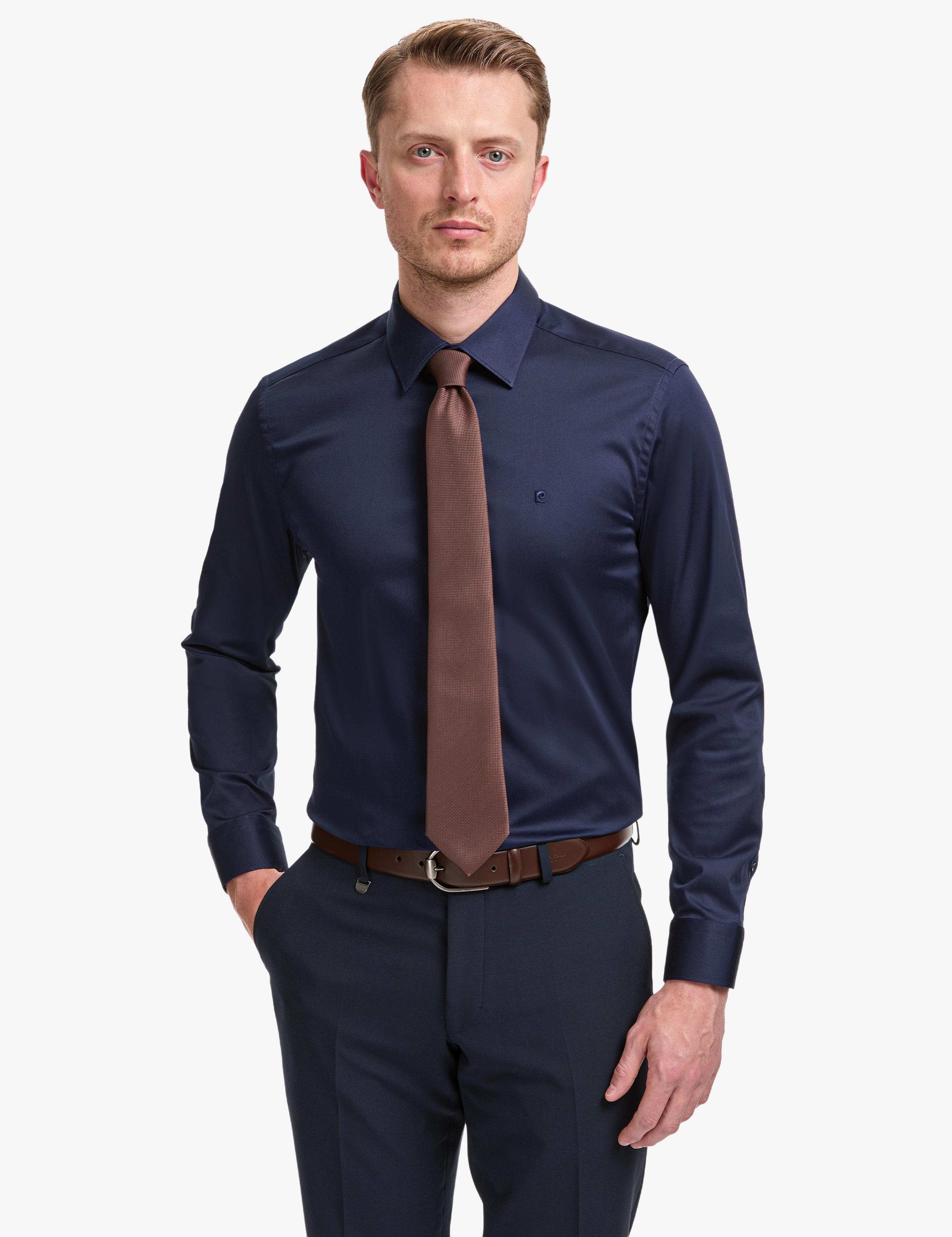 Lacivert Slim Fit Uzun Kollu Esnek Basic Gömlek