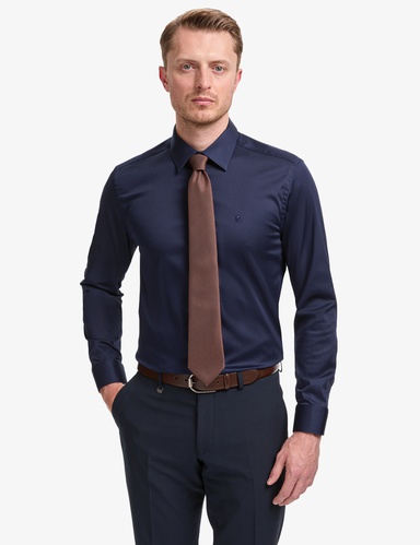 Lacivert Slim Fit Uzun Kollu Esnek Basic Gömlek