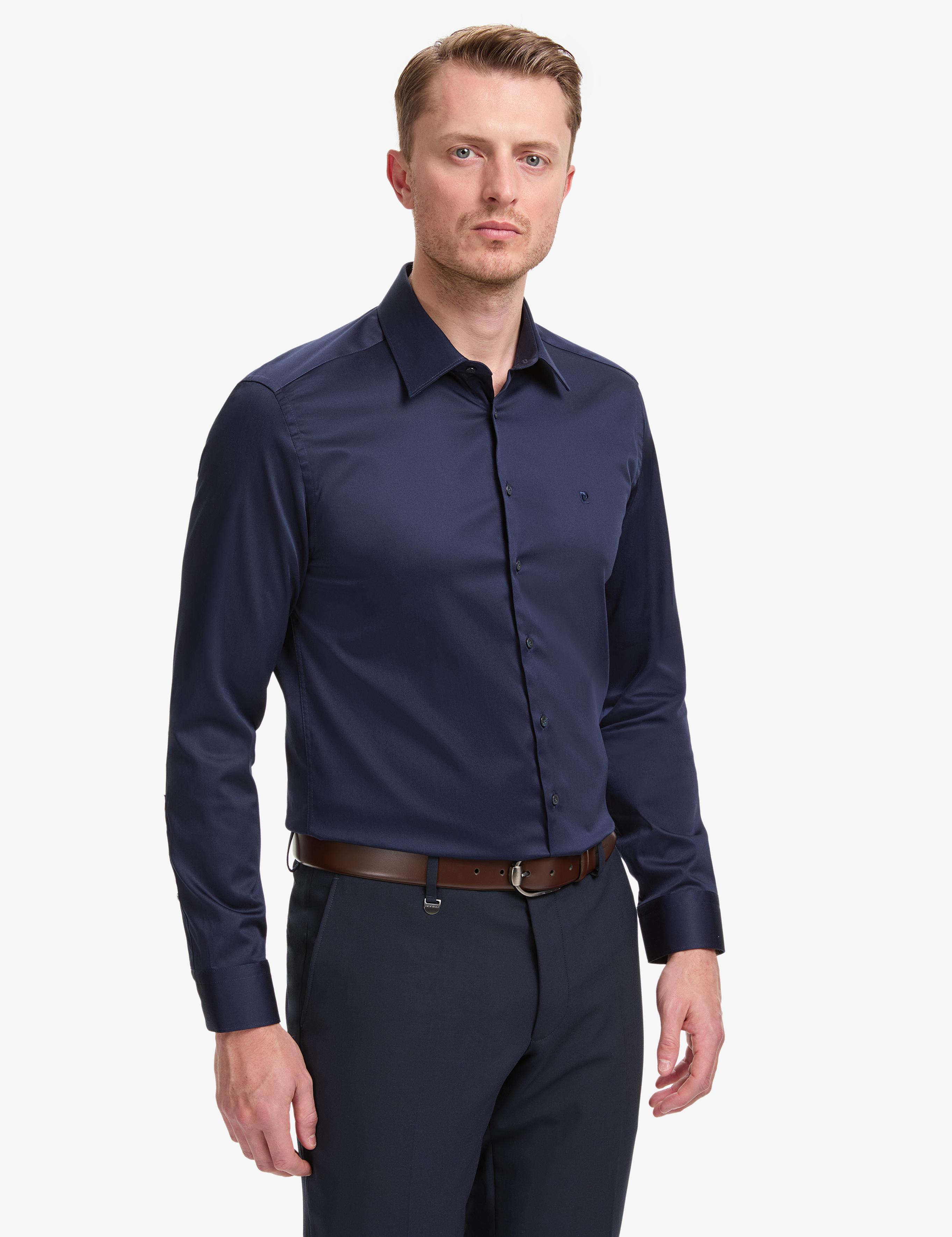 Lacivert Slim Fit Uzun Kollu Esnek Basic Gömlek