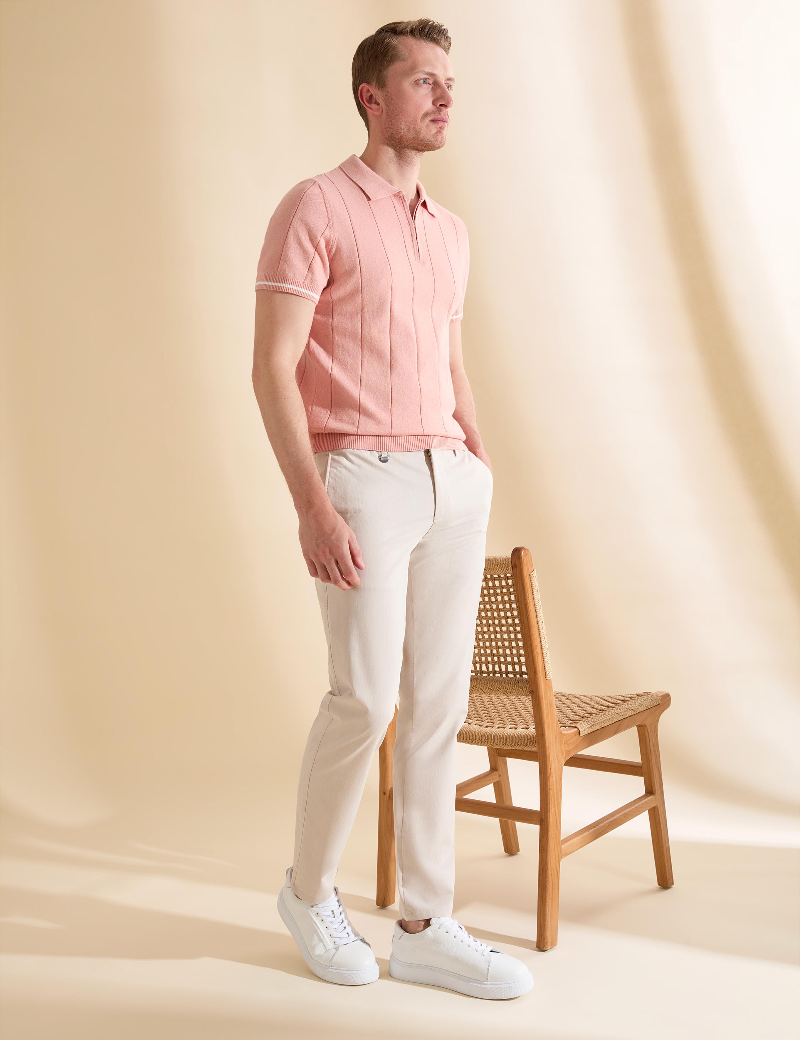 Bej Ex. Slim Fit Beli Kordonlu Pamuk Karışımlı Pantolon