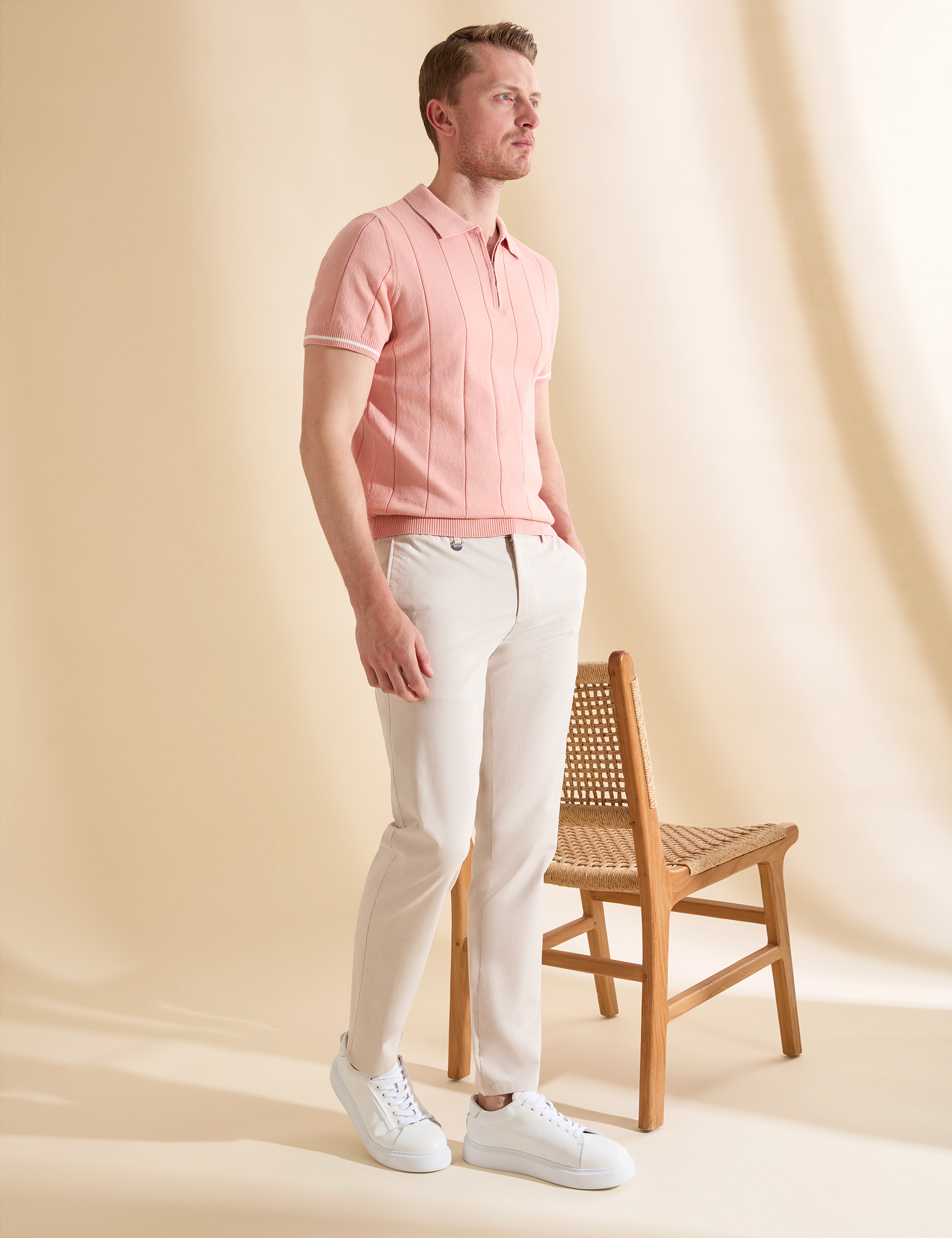 Bej Ex. Slim Fit Beli Kordonlu Pamuk Karışımlı Pantolon