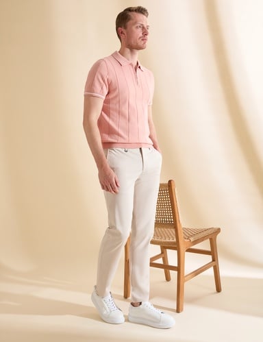 Bej Ex. Slim Fit Beli Kordonlu Pamuk Karışımlı Pantolon