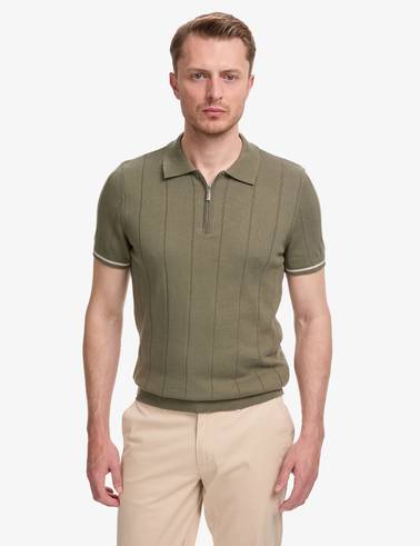 Haki Slim Fit %100 Pamuk Fermuarlı Polo Yaka Triko Tişört