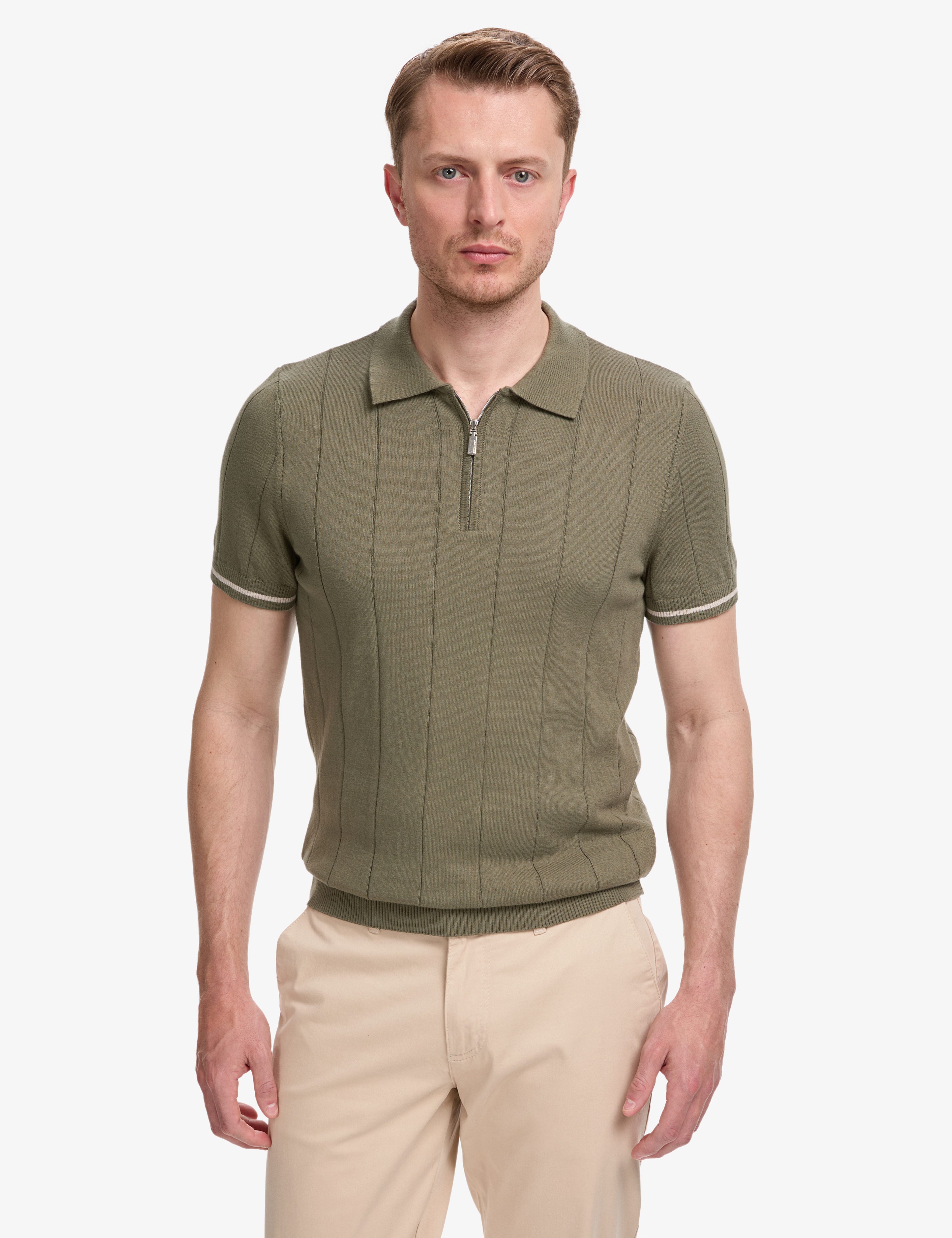 Haki Slim Fit %100 Pamuk Fermuarlı Polo Yaka Triko Tişört - Image 2