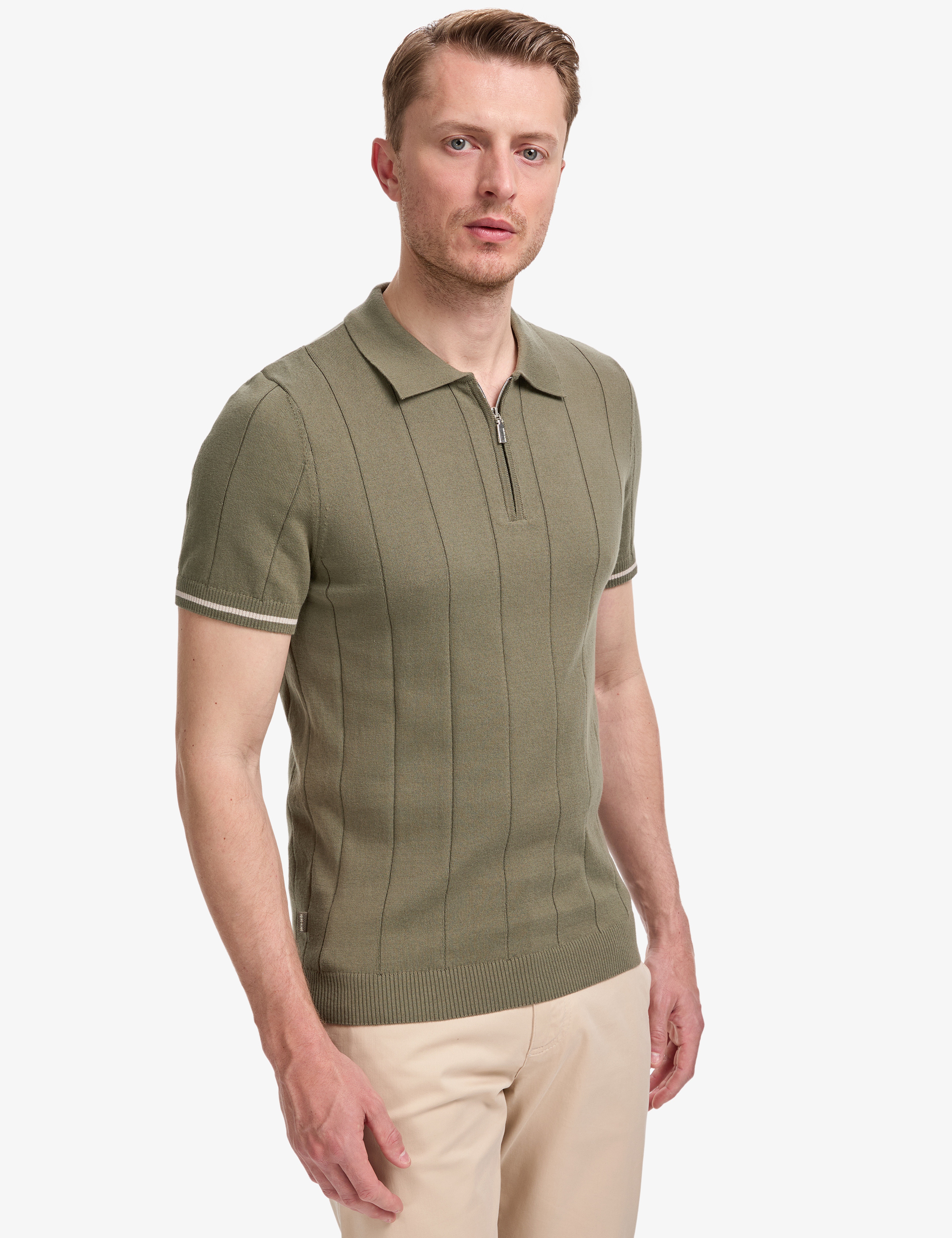 Haki Slim Fit %100 Pamuk Fermuarlı Polo Yaka Triko Tişört