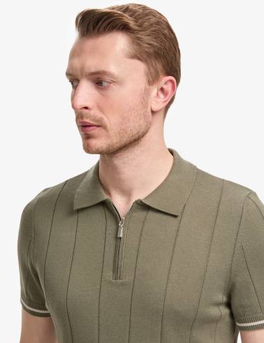 Haki Slim Fit %100 Pamuk Fermuarlı Polo Yaka Triko Tişört