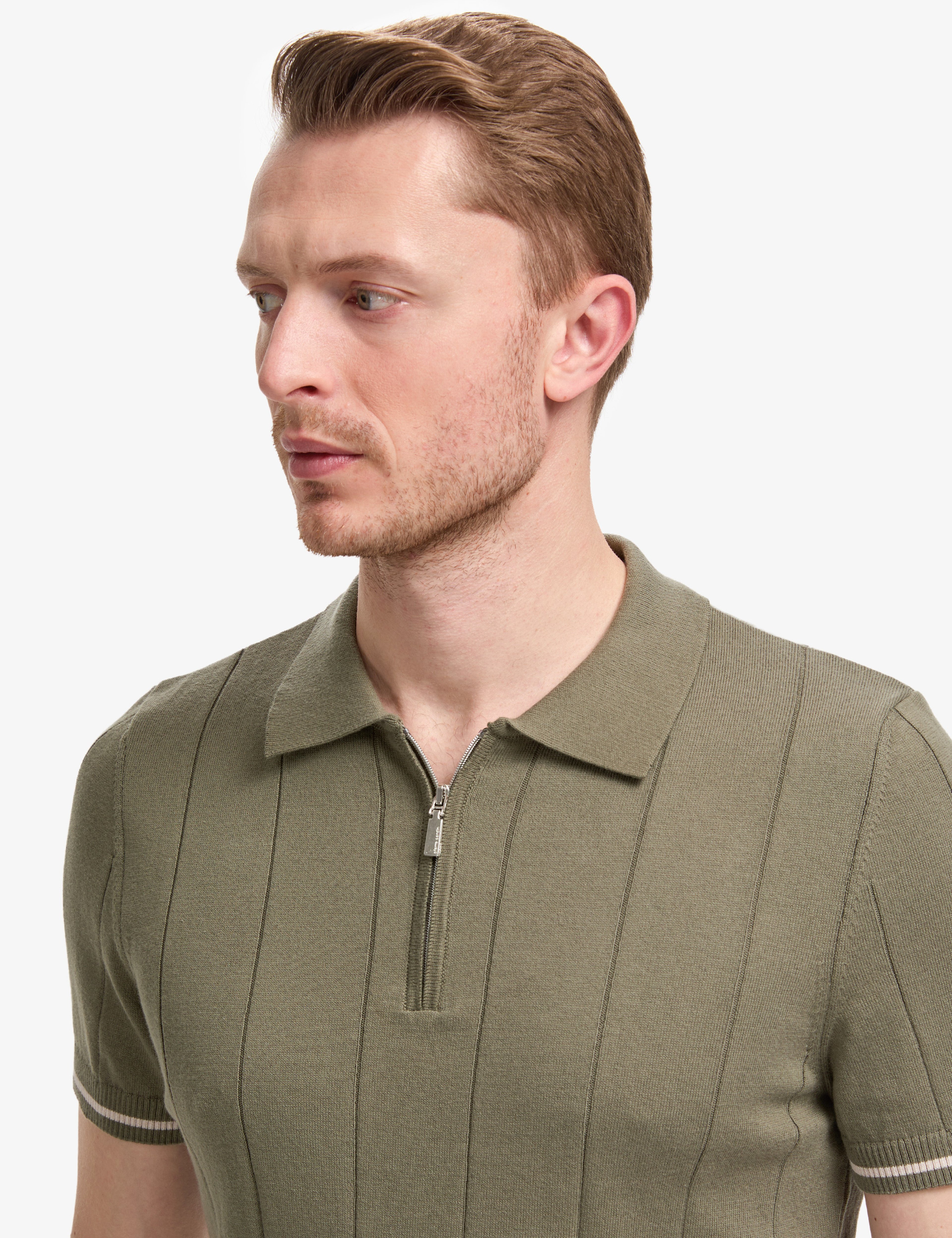 Haki Slim Fit %100 Pamuk Fermuarlı Polo Yaka Triko Tişört