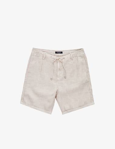 Bej Slim Fit %100 Keten Beli Lastikli Kordonlu Dokuma Şort