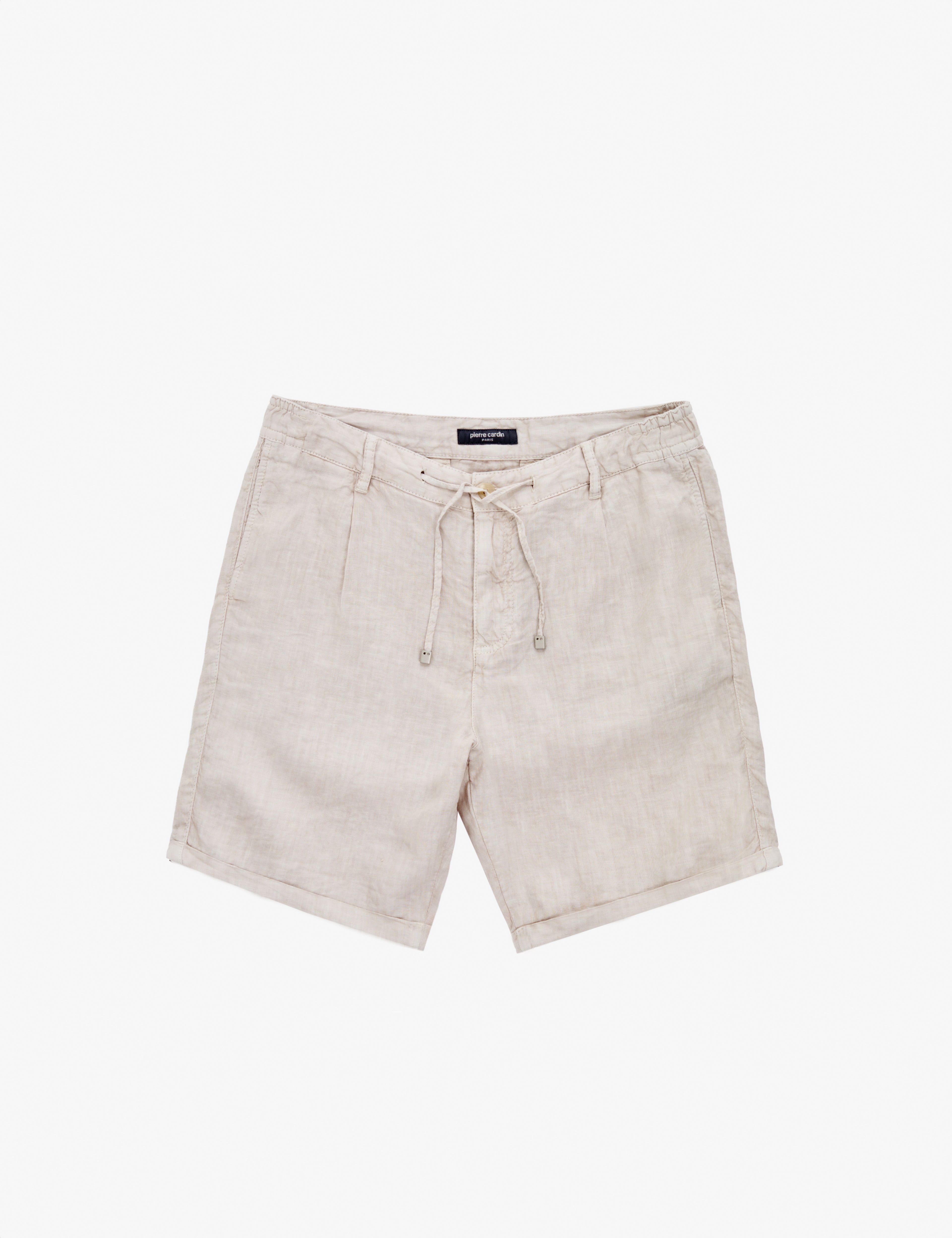 Bej Slim Fit %100 Keten Beli Lastikli Kordonlu Dokuma Şort - Image 5