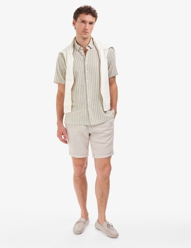 Bej Slim Fit %100 Keten Beli Lastikli Kordonlu Dokuma Şort