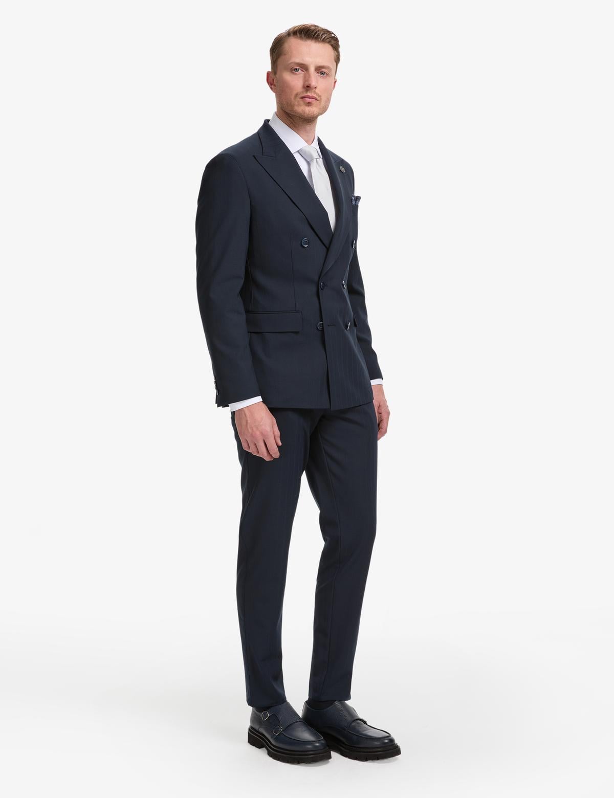Lacivert Ex. Slim Fit Çizgili Kruvaze Takım Elbise - 50325157044