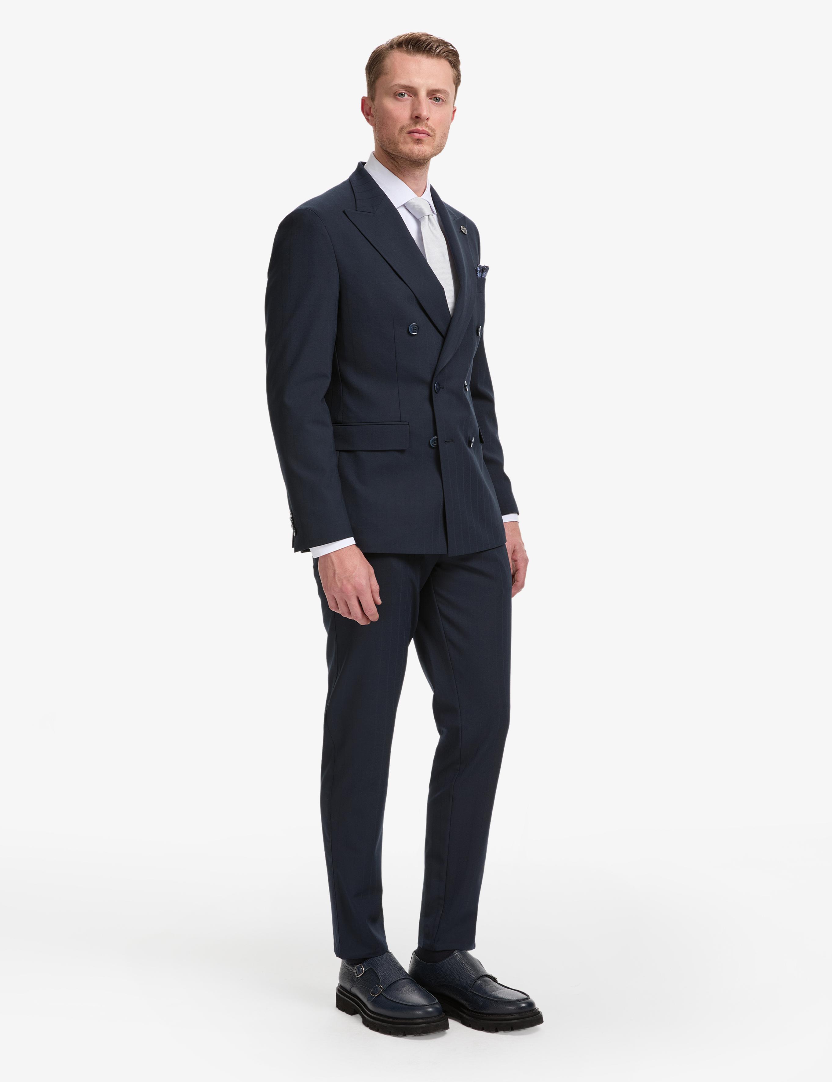 Lacivert Ex. Slim Fit Çizgili Kruvaze Takım Elbise