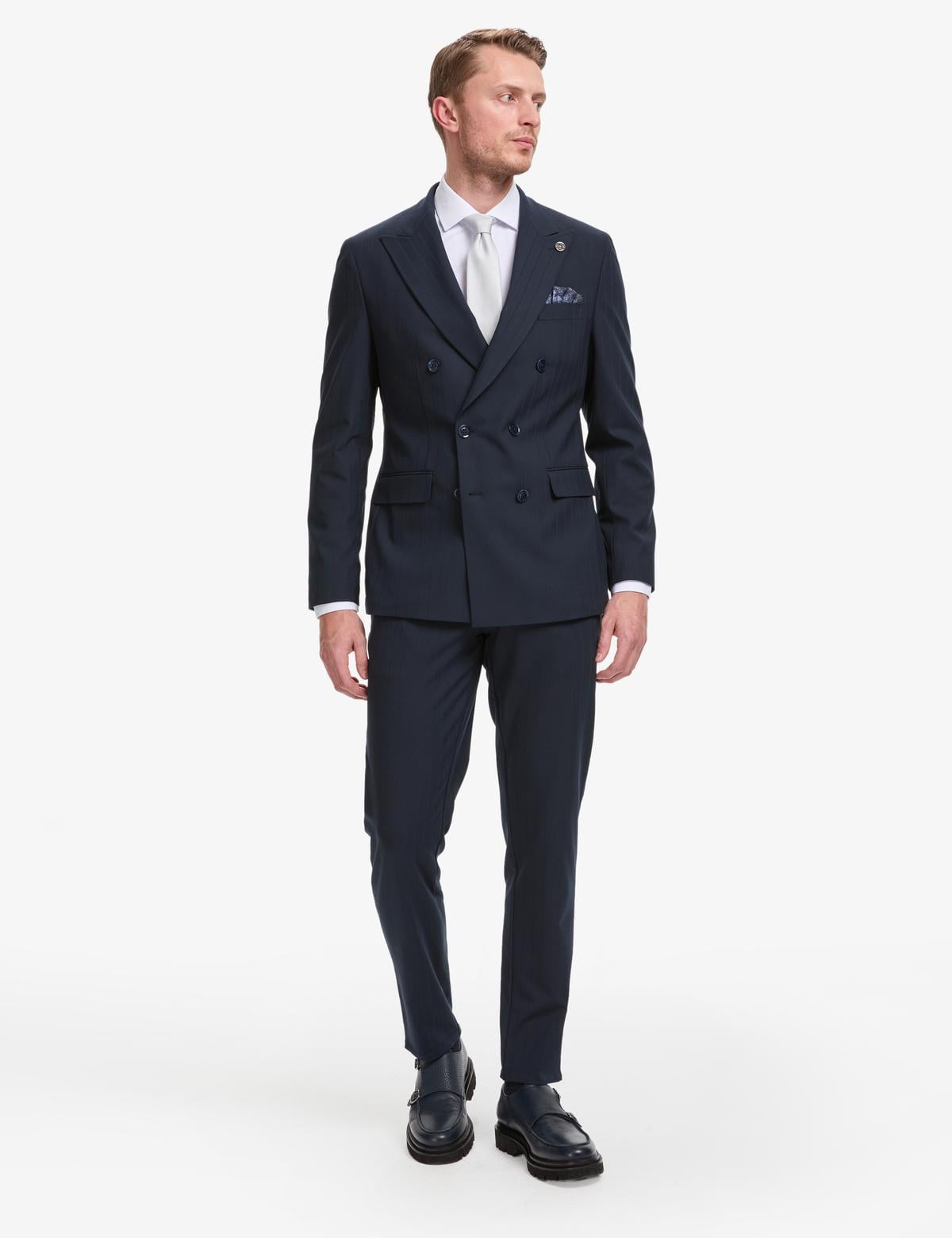 Lacivert Ex. Slim Fit Çizgili Kruvaze Takım Elbise - 50325157044