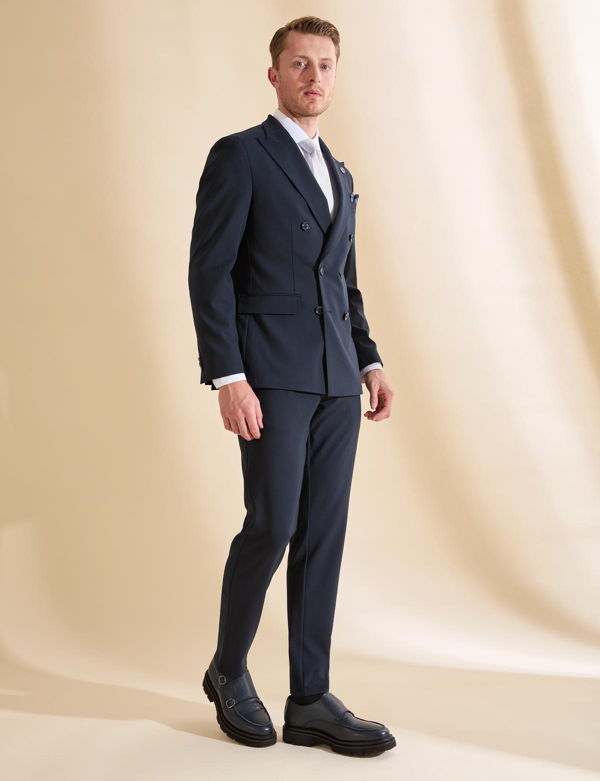 Lacivert Ex. Slim Fit Çizgili Kruvaze Takım Elbise