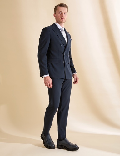 Lacivert Extra Slim Fit Çizgili Kruvaze Takım Elbise
