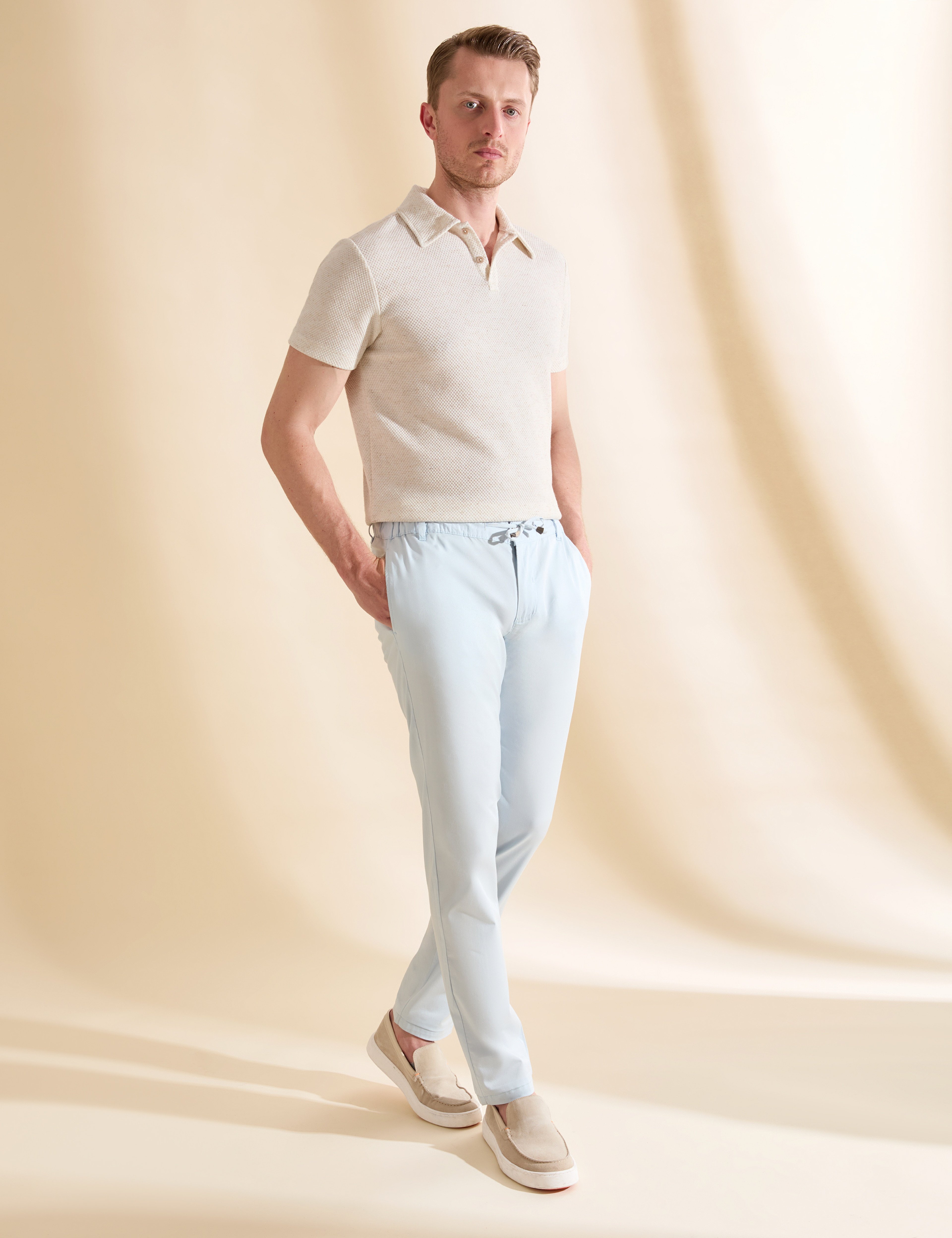 Mavi Slim Fit Beli Lastikli İpli Kanvas Pantolon