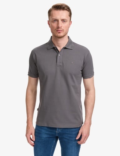 Koyu Gri Slim Fit %100 Pamuk Düğmeli Polo Yaka Basic Tişört