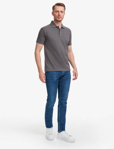 Koyu Gri Slim Fit %100 Pamuk Düğmeli Polo Yaka Basic Tişört