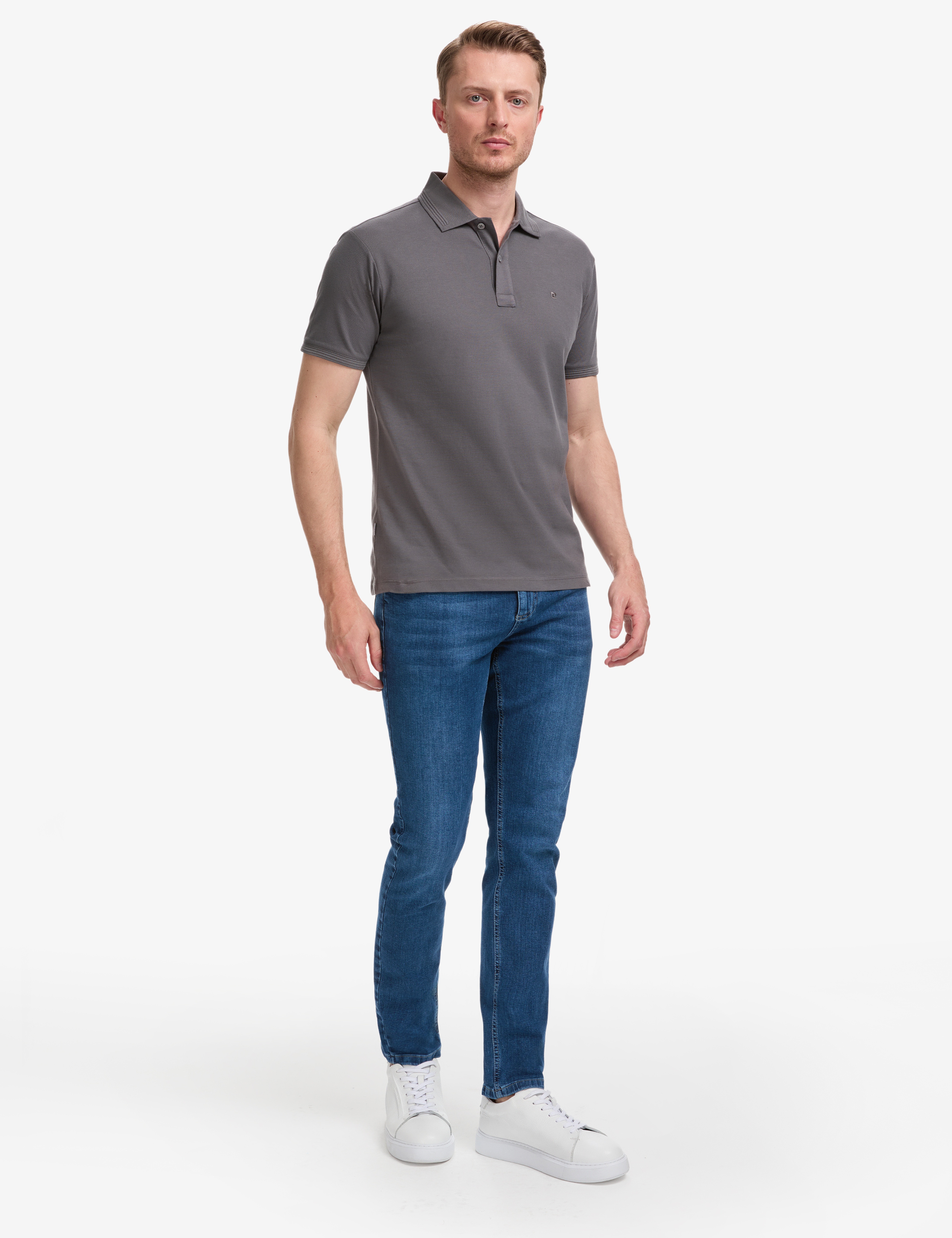 Koyu Gri Slim Fit %100 Pamuk Düğmeli Polo Yaka Basic Tişört
