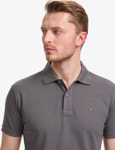 Koyu Gri Slim Fit %100 Pamuk Düğmeli Polo Yaka Basic Tişört