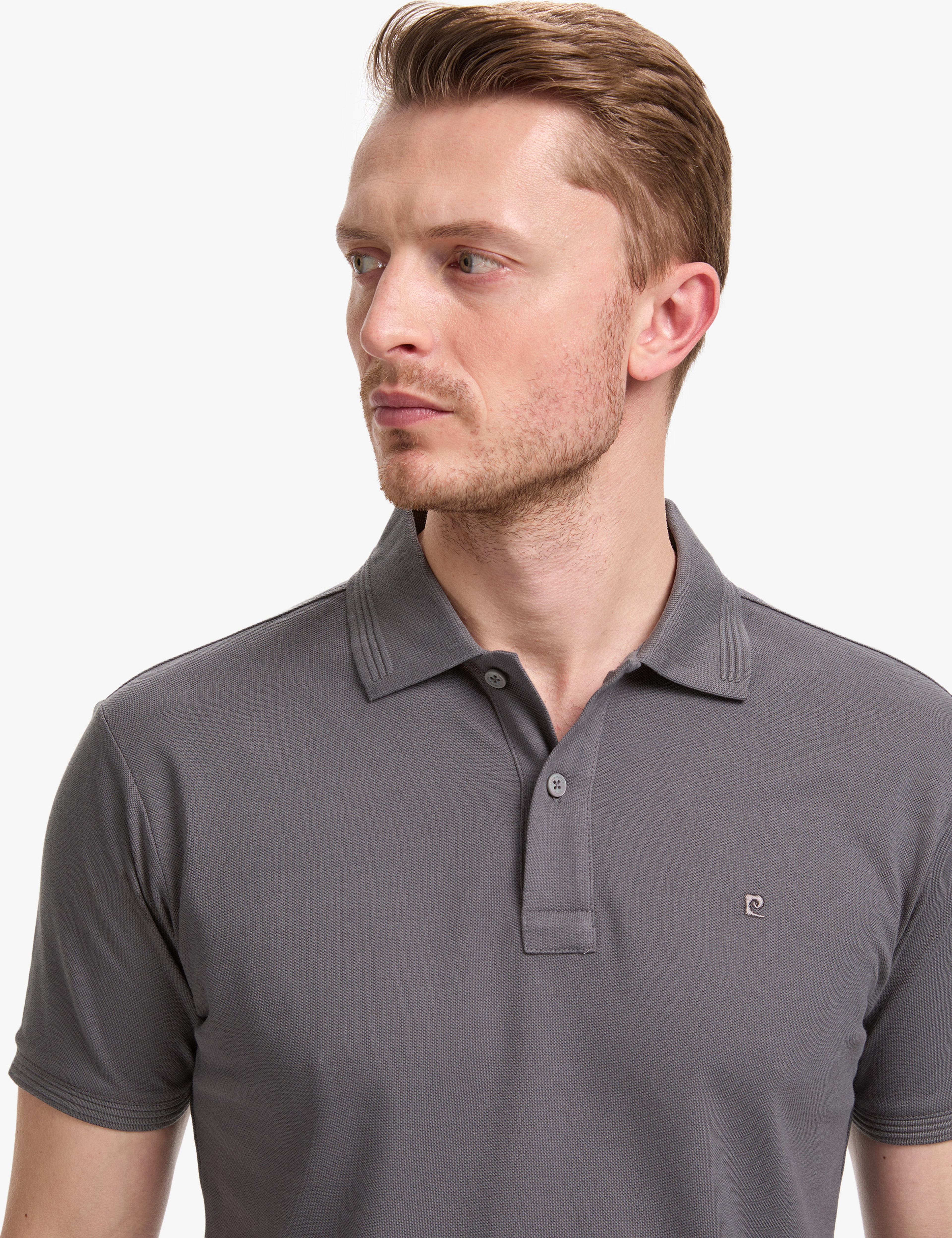 Koyu Gri Slim Fit %100 Pamuk Düğmeli Polo Yaka Basic Tişört - Image 2
