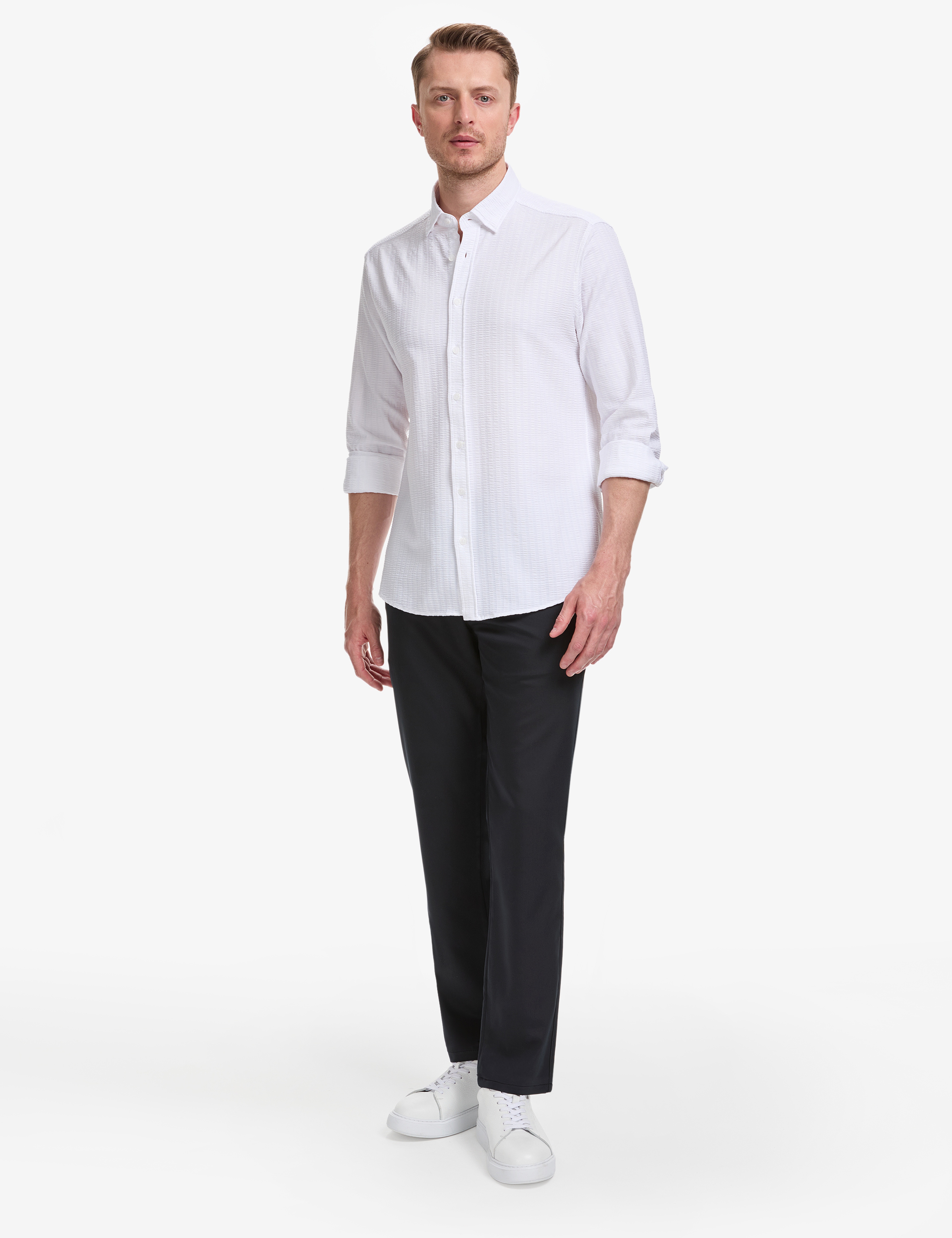 Beyaz Dokulu Regular Fit Kısa Kollu Gömlek - Image 4