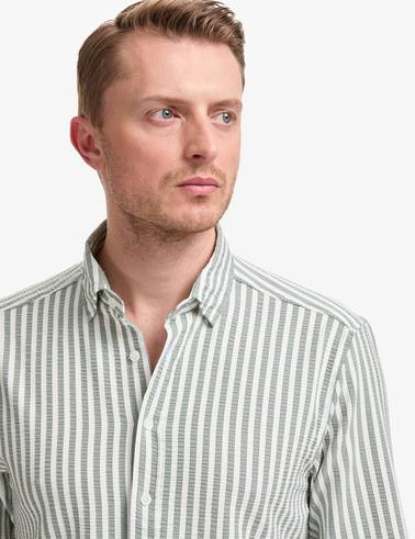 Haki Regular Fit Çizgili Uzun Kollu Gömlek