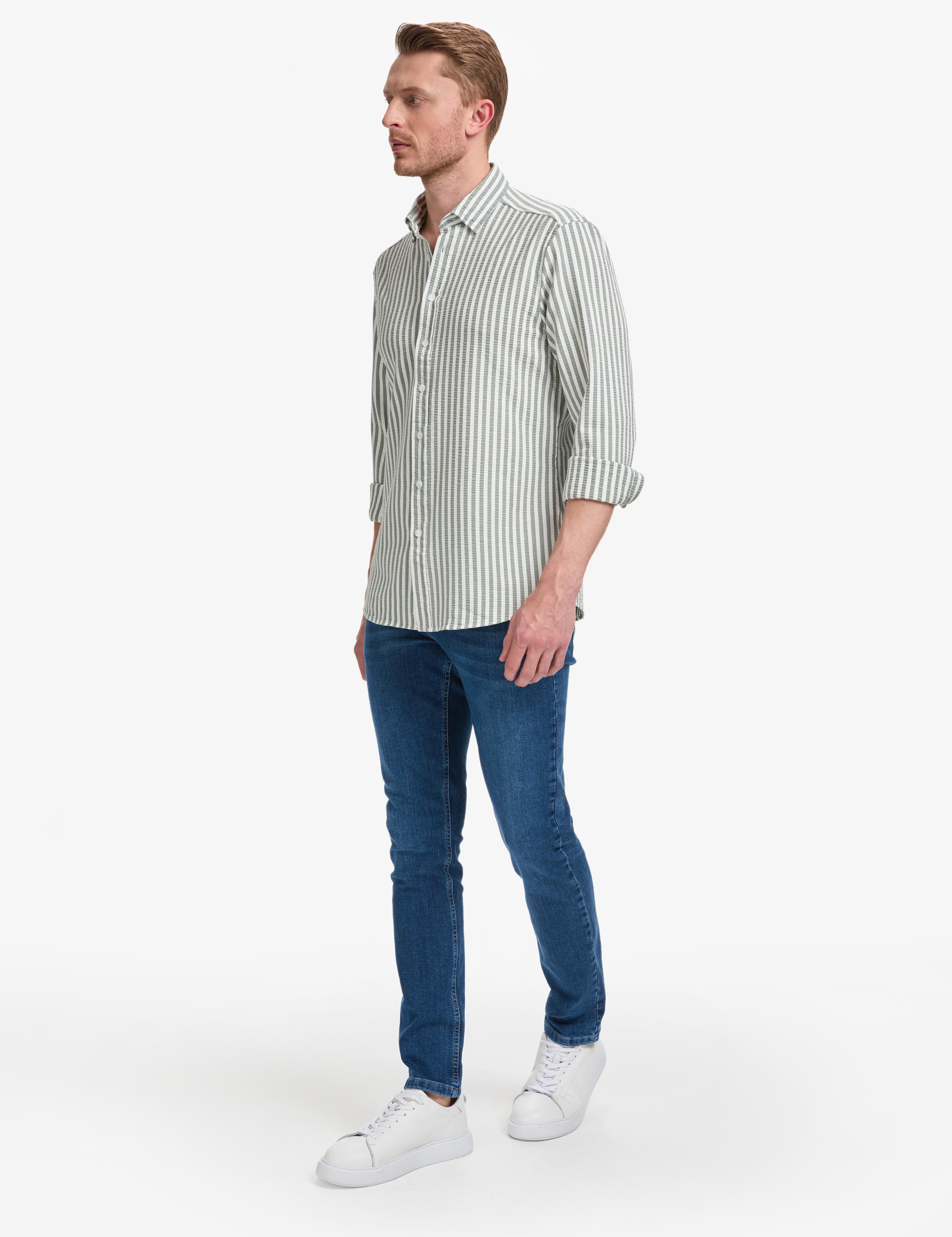 Haki Regular Fit Çizgili Uzun Kollu Gömlek - Image 4