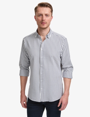Lacivert Regular Fit Çizgili Uzun Kollu Gömlek