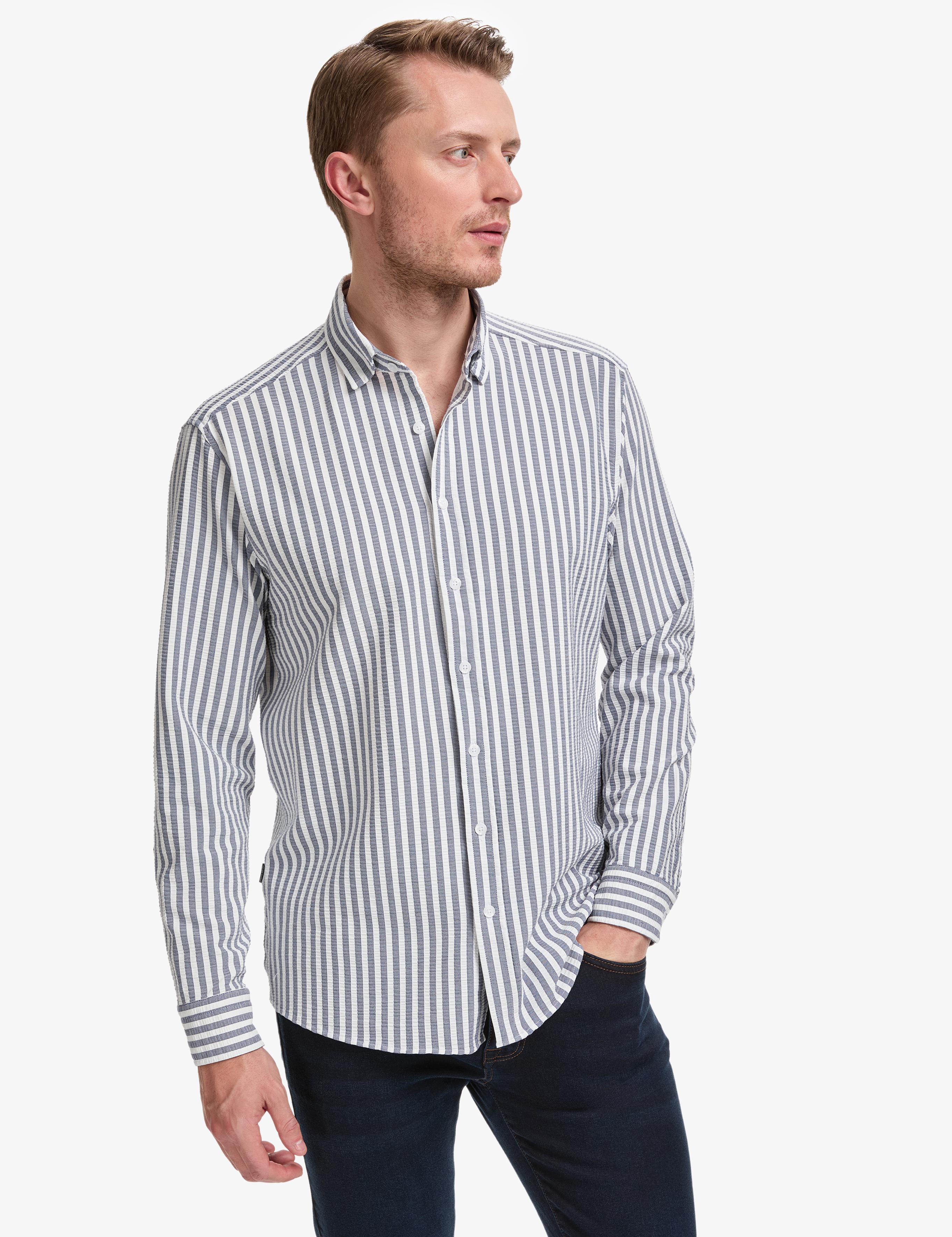 Lacivert Regular Fit Çizgili Uzun Kollu Gömlek
