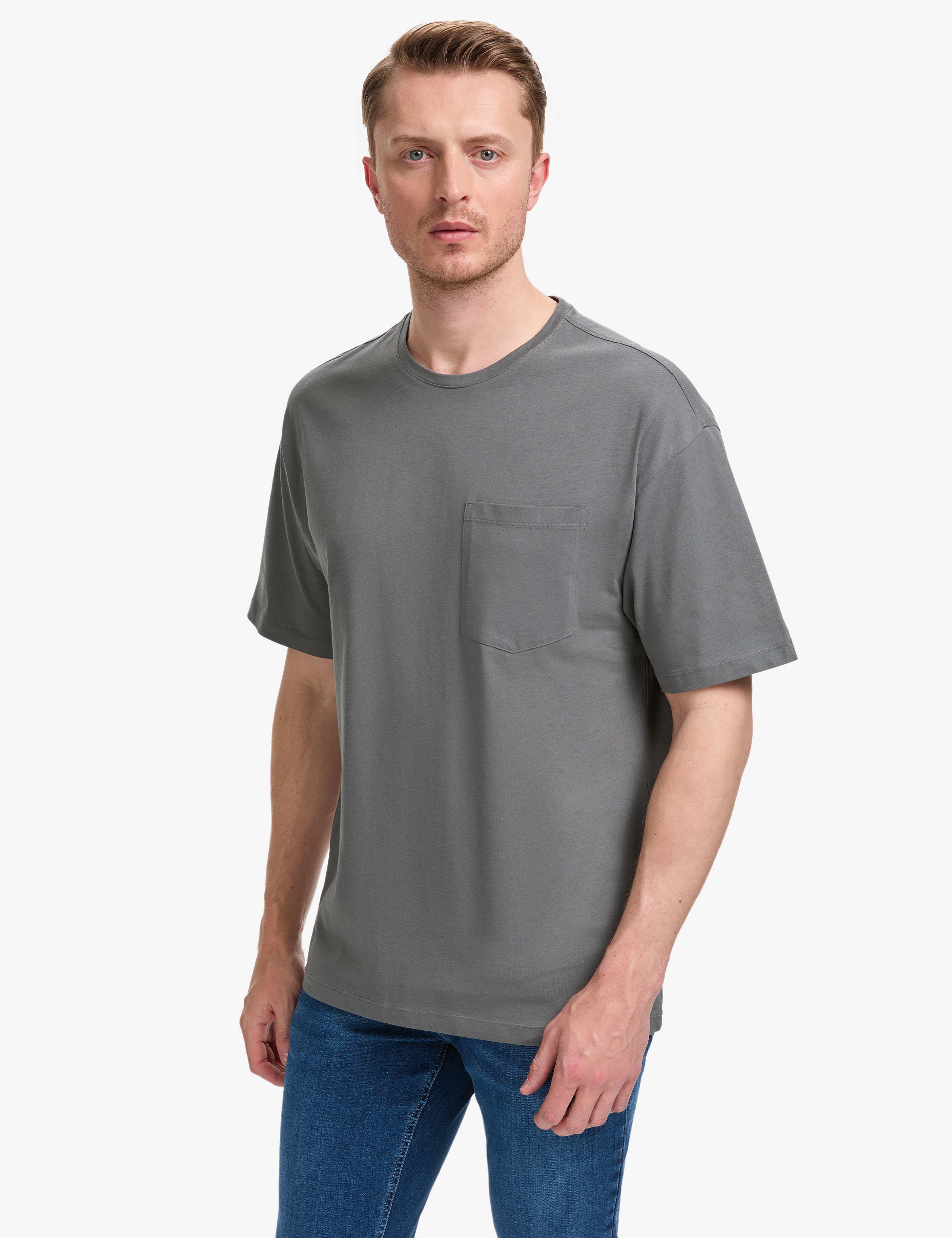 Antrasit Comfort Fit %100 Pamuk Bisiklet Yaka Basic Tişört - Image 1