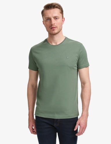 Haki Slim Fit %100 Pamuk Bisiklet Yaka Basic Tişört