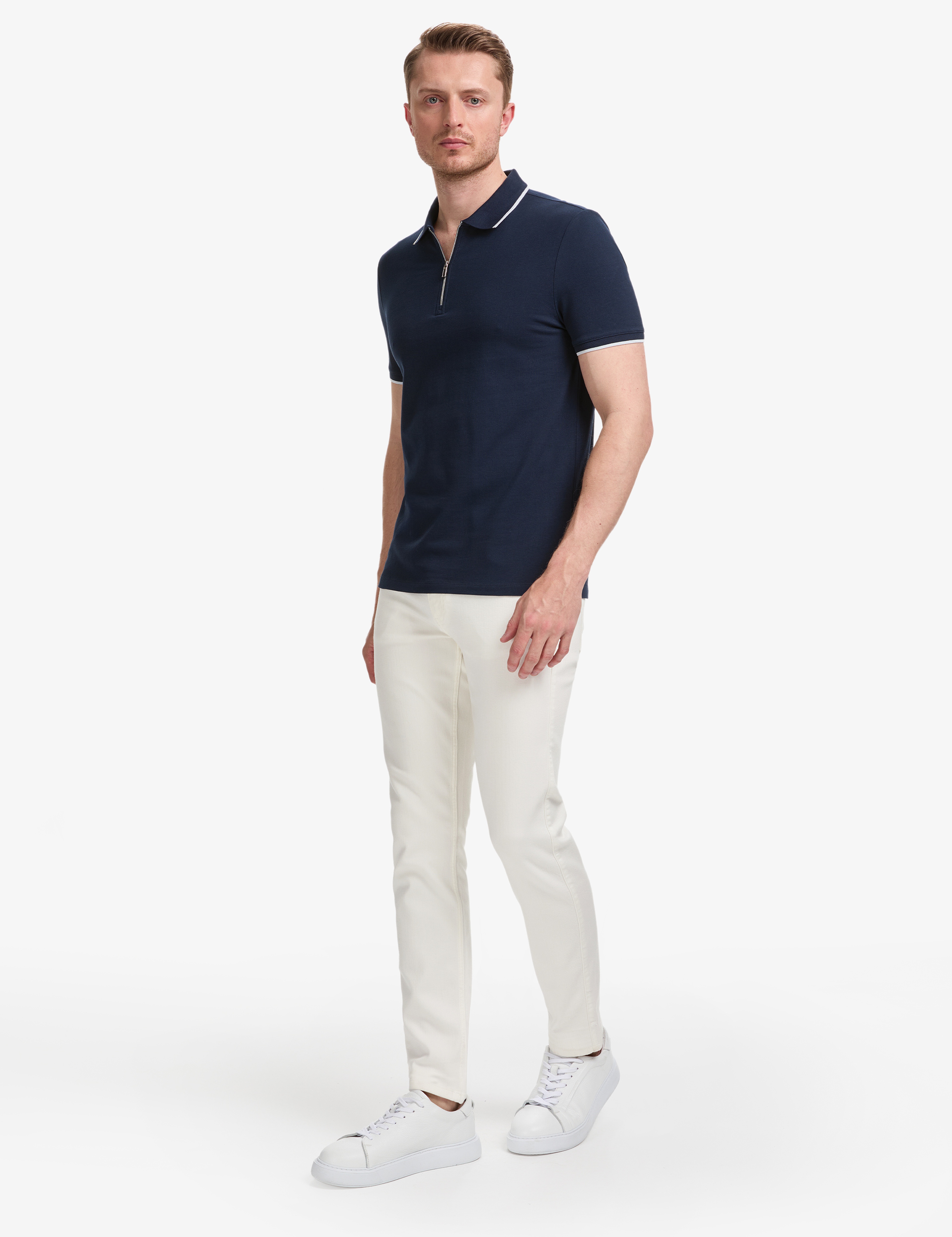 Lacivert Slim Fit %100 Pamuk Fermuarlı Polo Yaka Tişört - Image 4