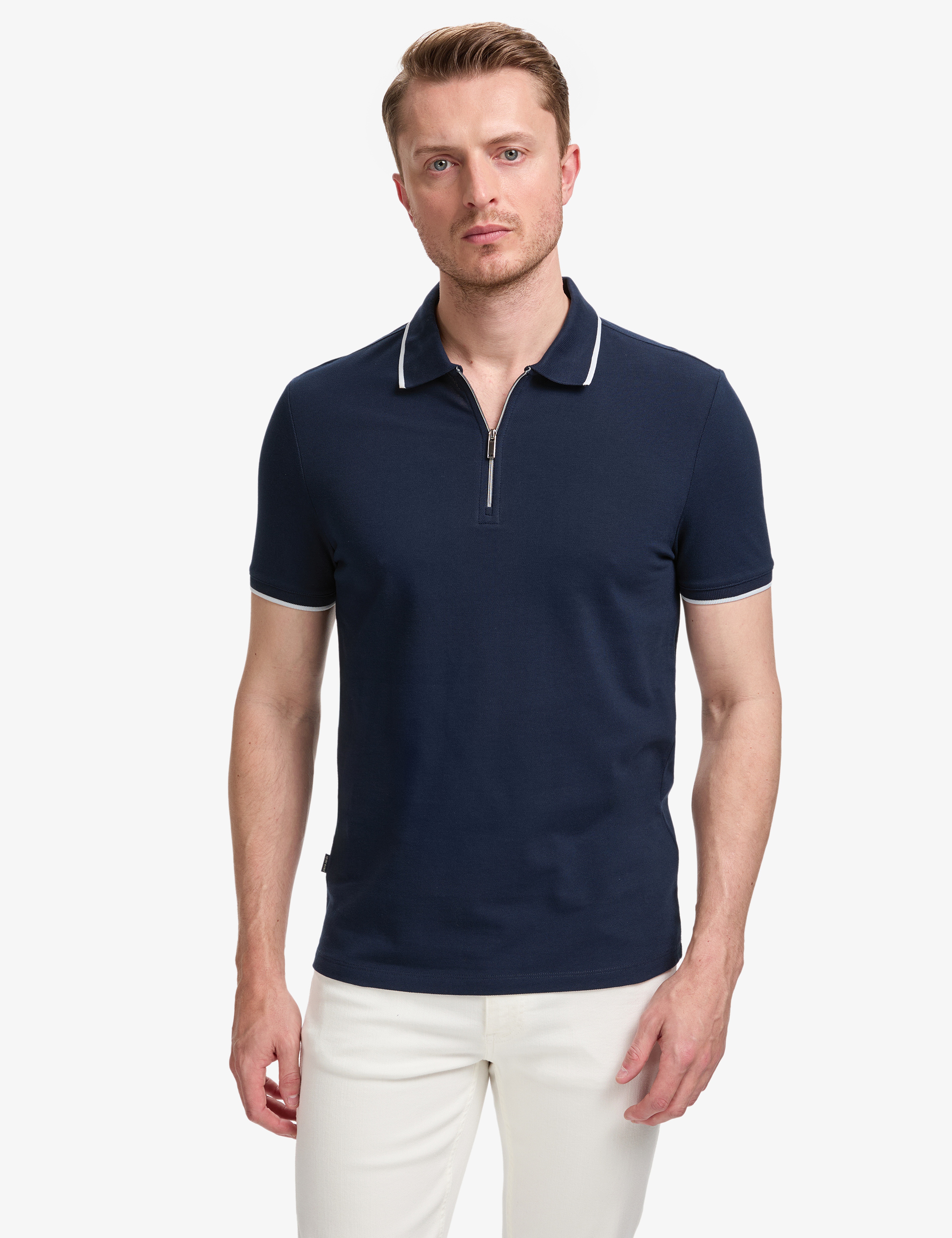 Lacivert Slim Fit %100 Pamuk Fermuarlı Polo Yaka Tişört