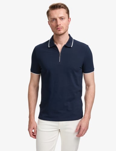 Lacivert Slim Fit %100 Pamuk Fermuarlı Polo Yaka Tişört
